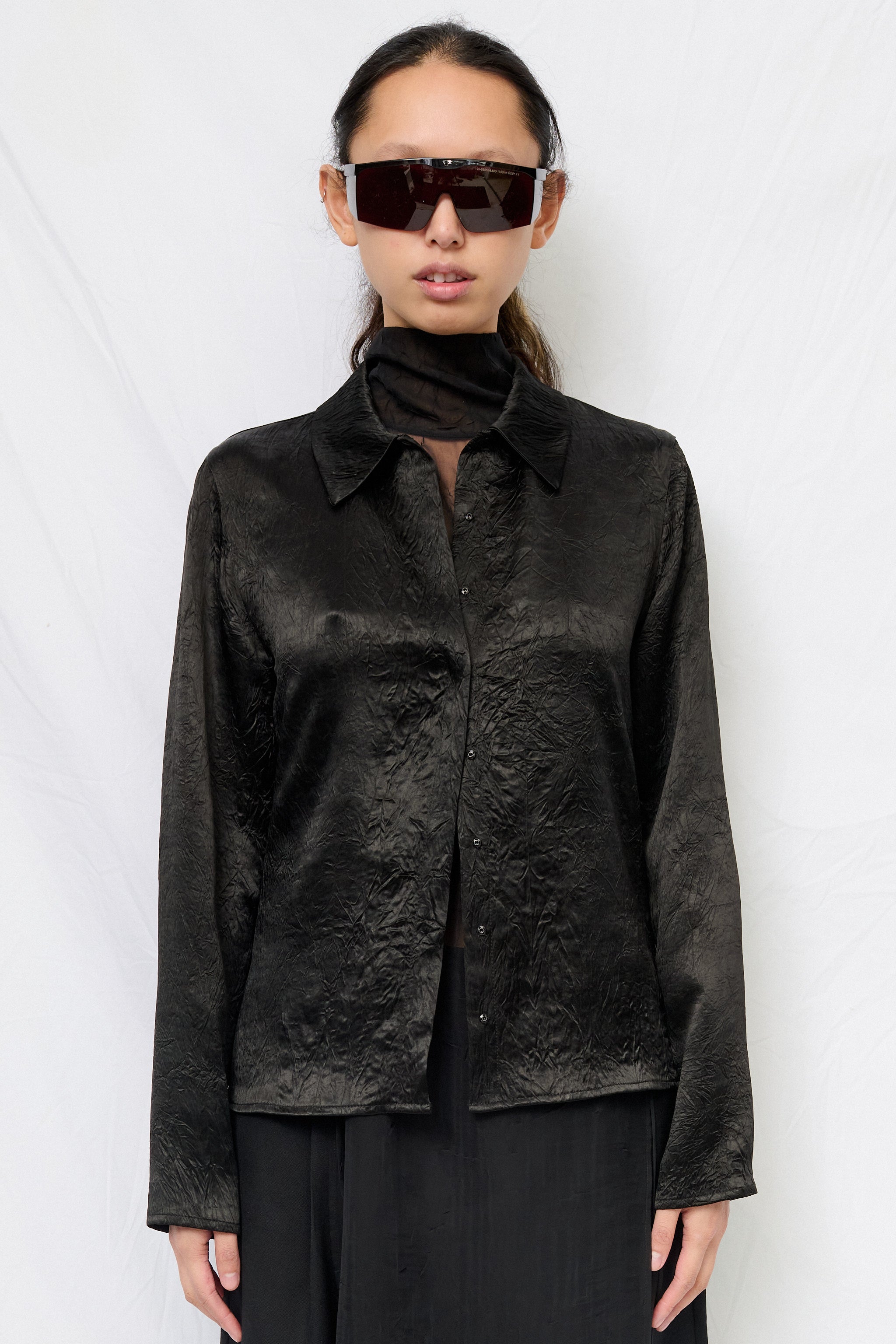 Black Wrinkled Acetate Fitted Button Up