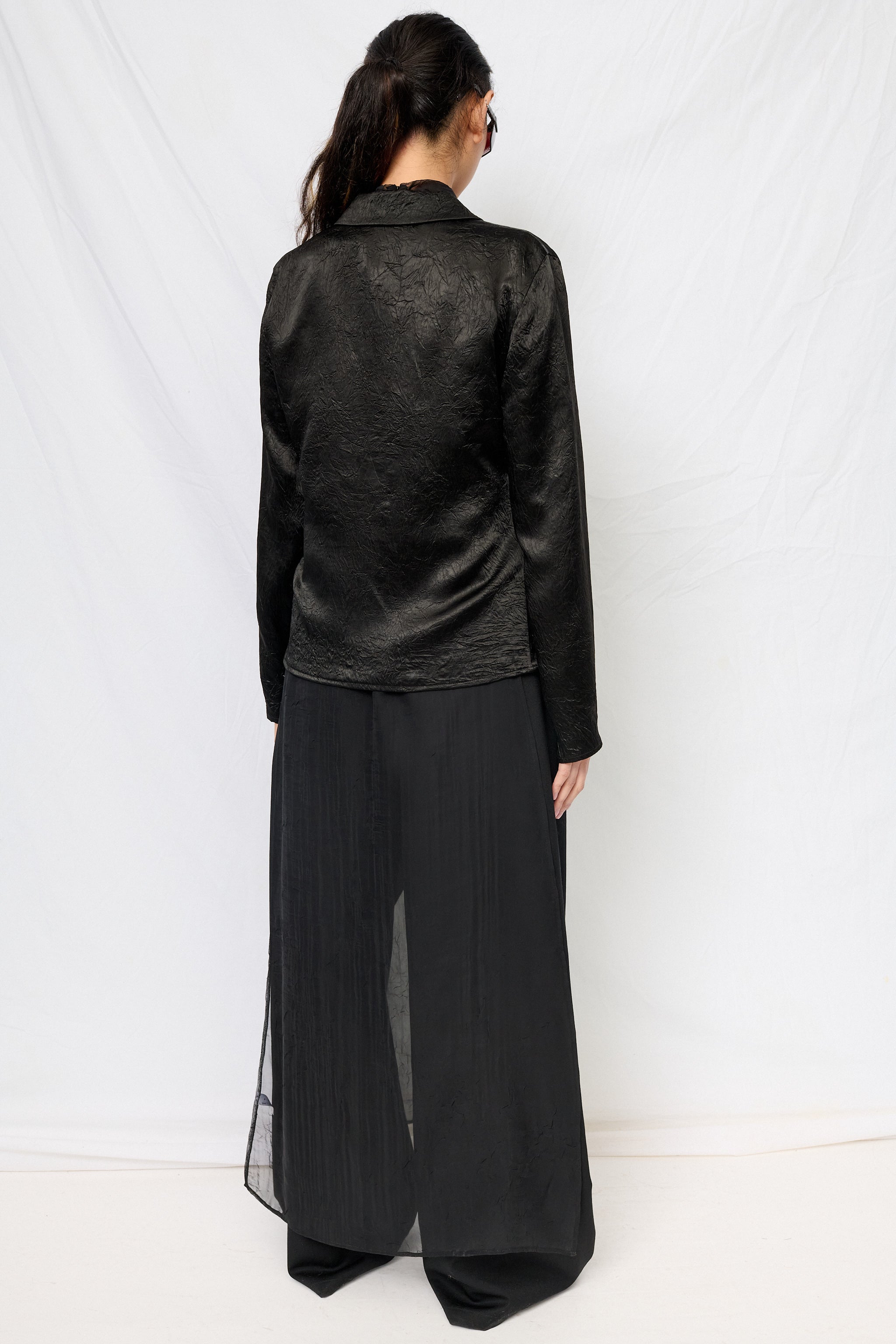 Black Wrinkled Acetate Fitted Button Up