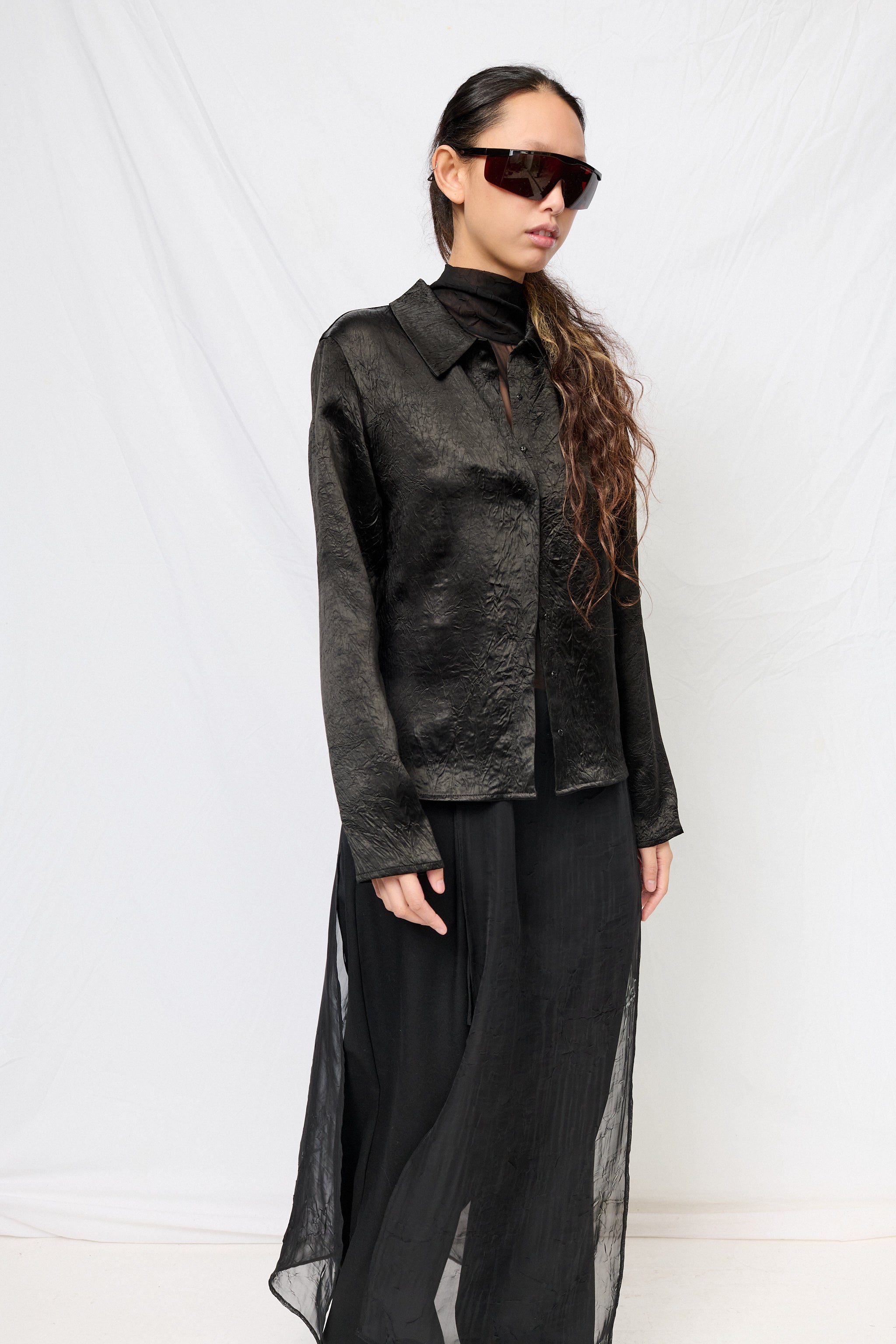 Black Wrinkled Acetate Fitted Button Up