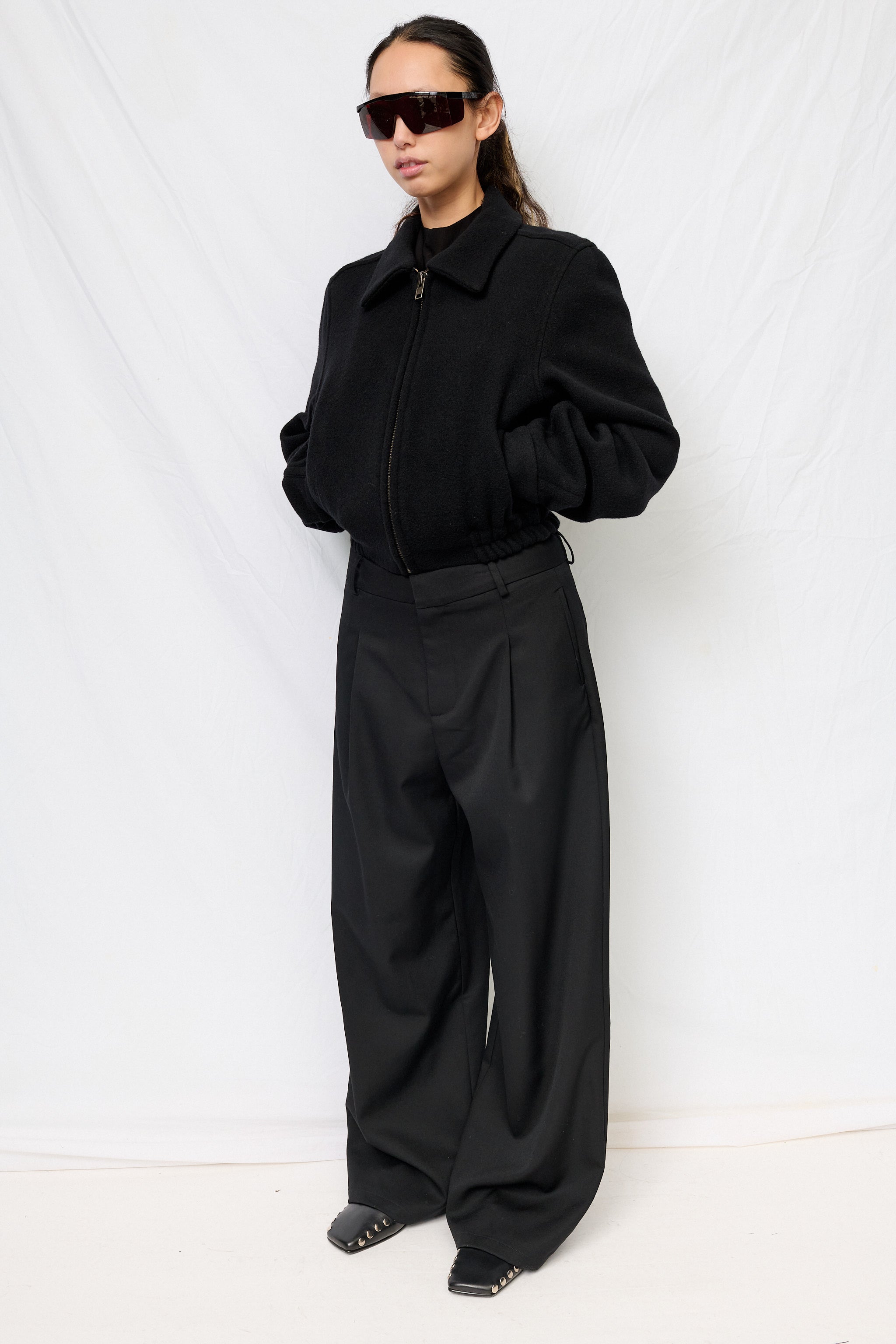 Black Wool Shrunken Zip Jacket