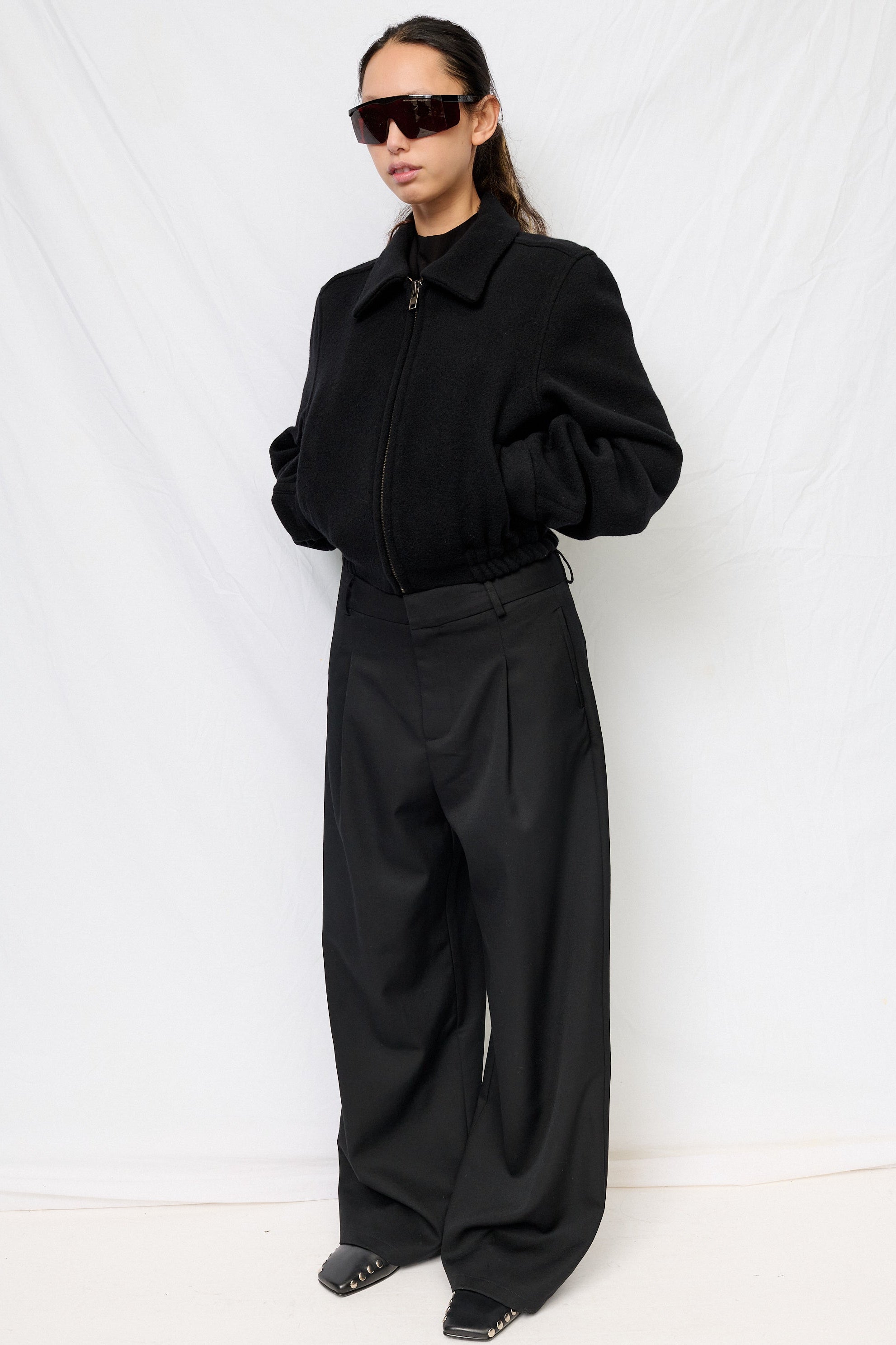 Black Wool Shrunken Zip Jacket