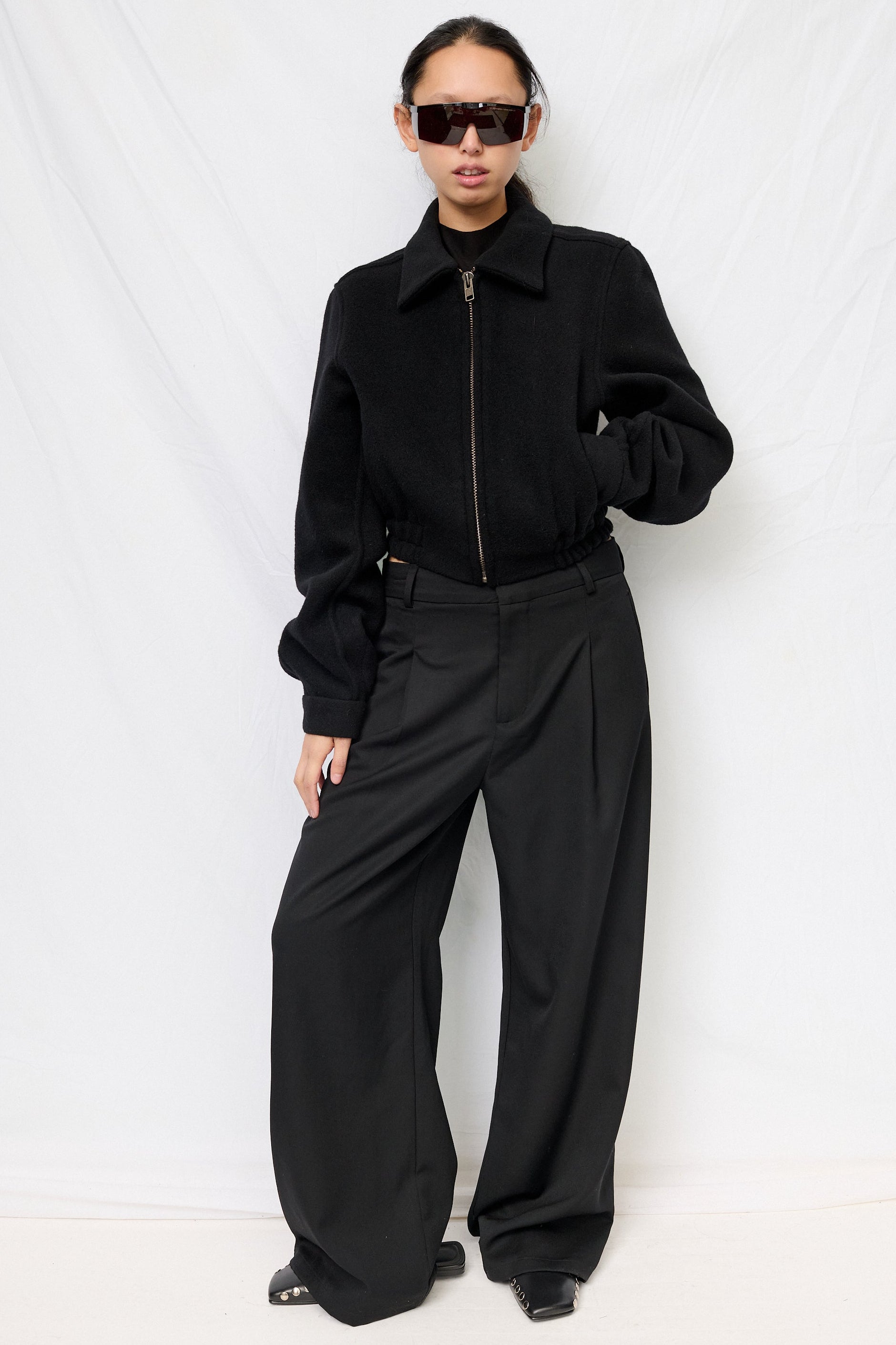 Black Wool Shrunken Zip Jacket