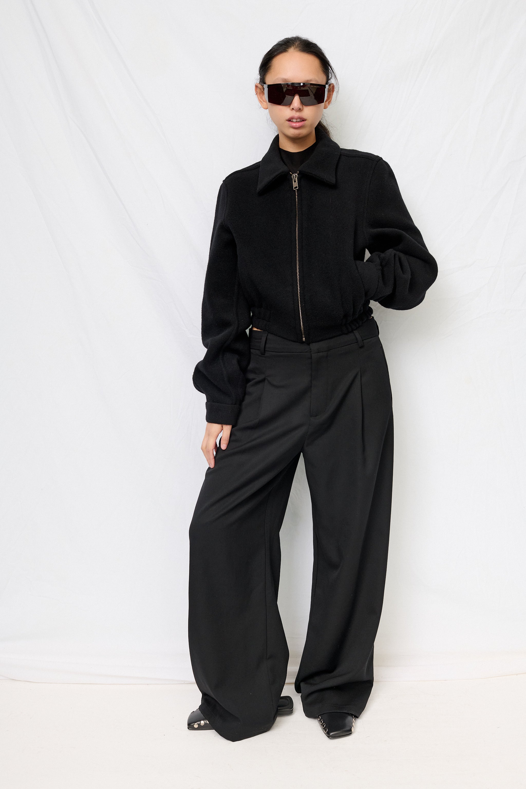 Black Wool Shrunken Zip Jacket