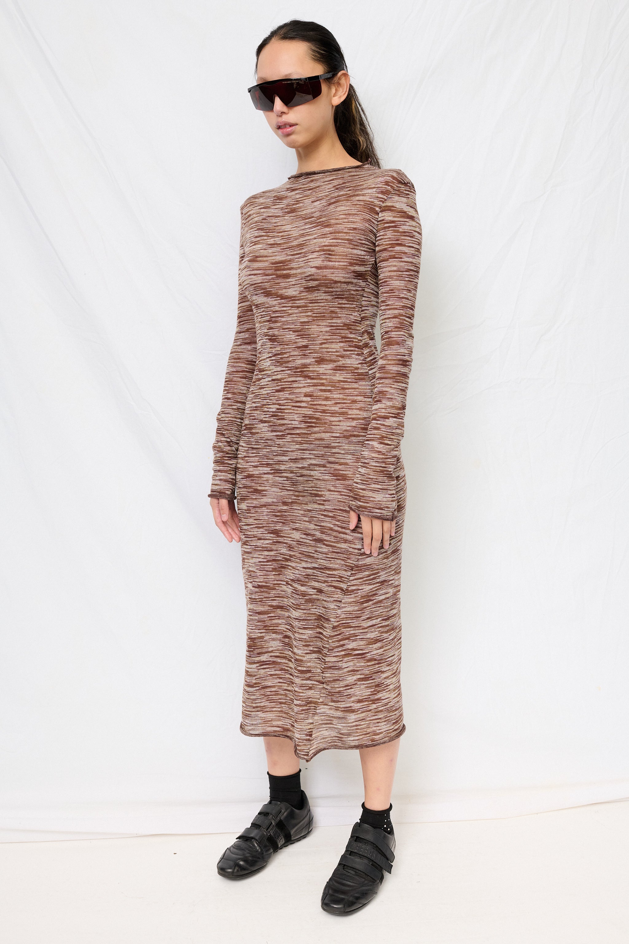 Brown Variegated Knit Long Sleeve Mockneck Dress