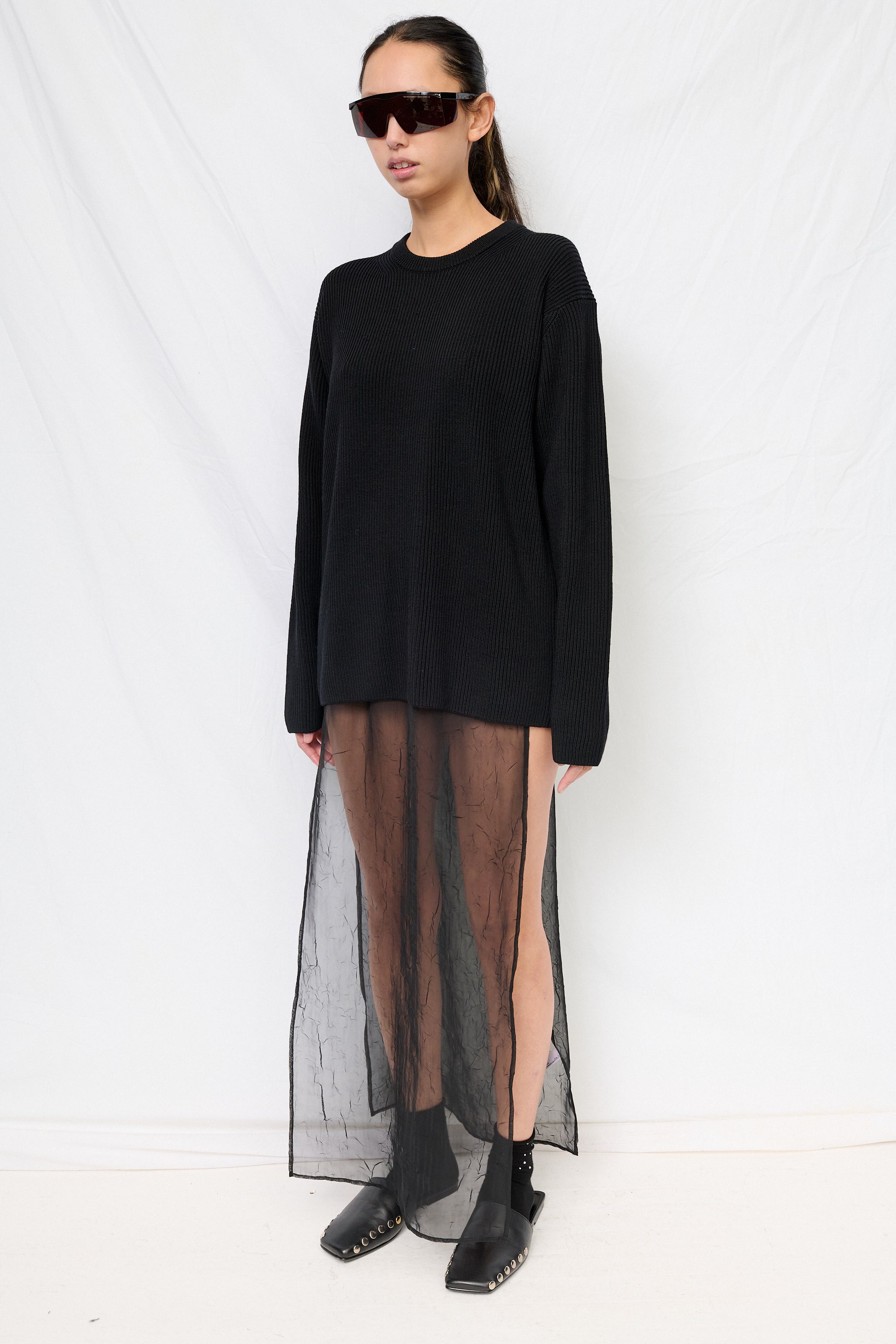 Black Crinkle Chiffon Open Side Maxi Skirt