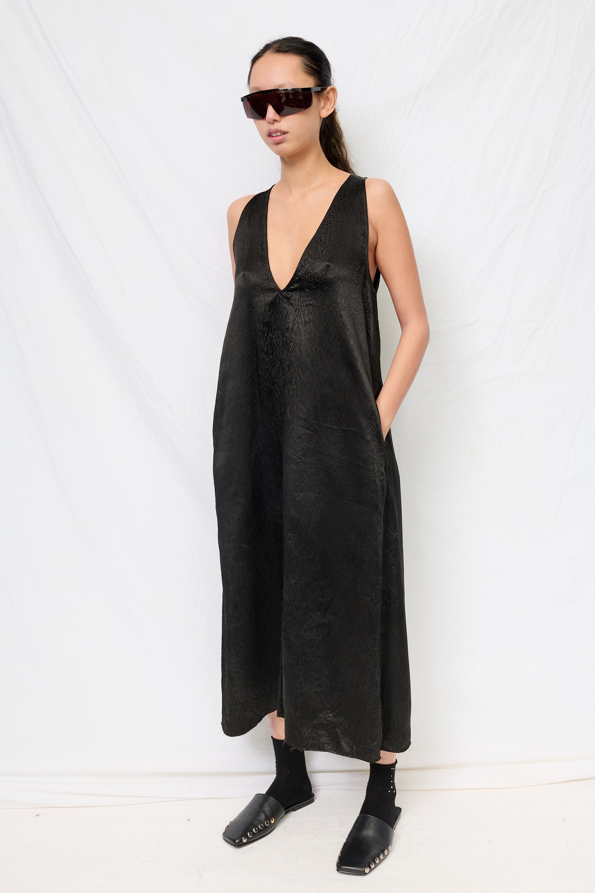 Black Wrinkled Acetate Trapeze Dress