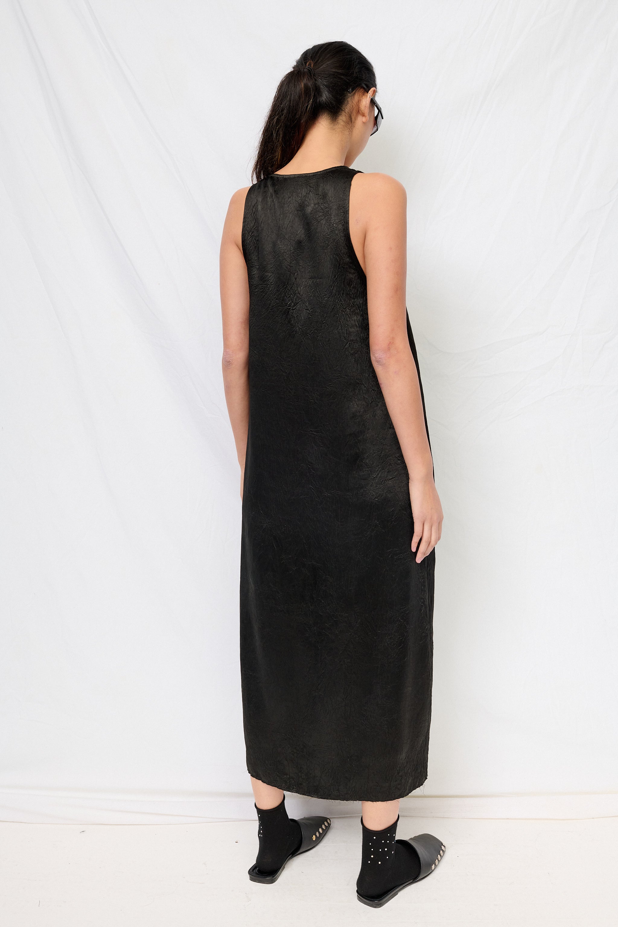 Black Wrinkled Acetate Trapeze Dress