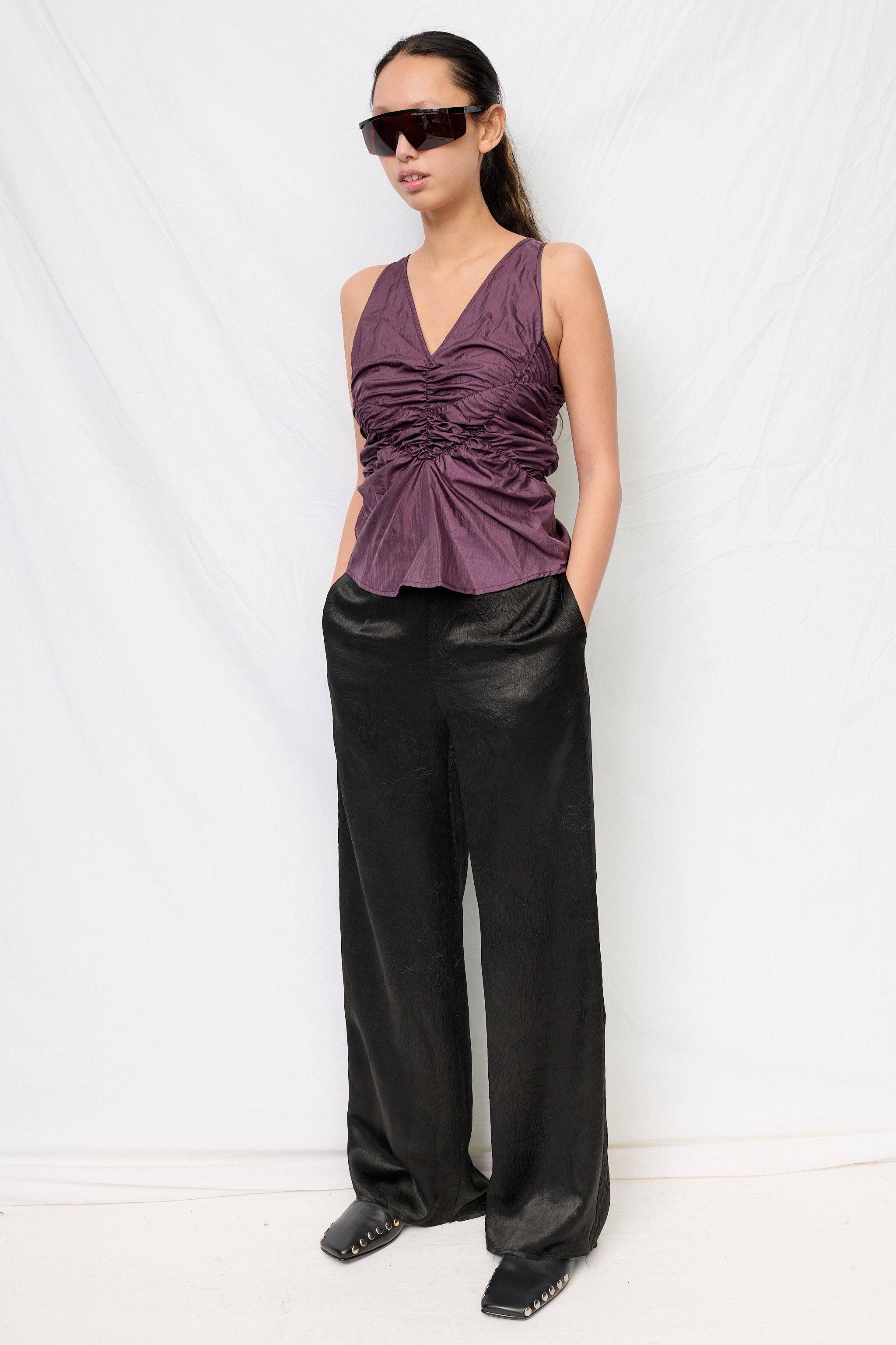 Black Wrinkled Acetate Clean Pant