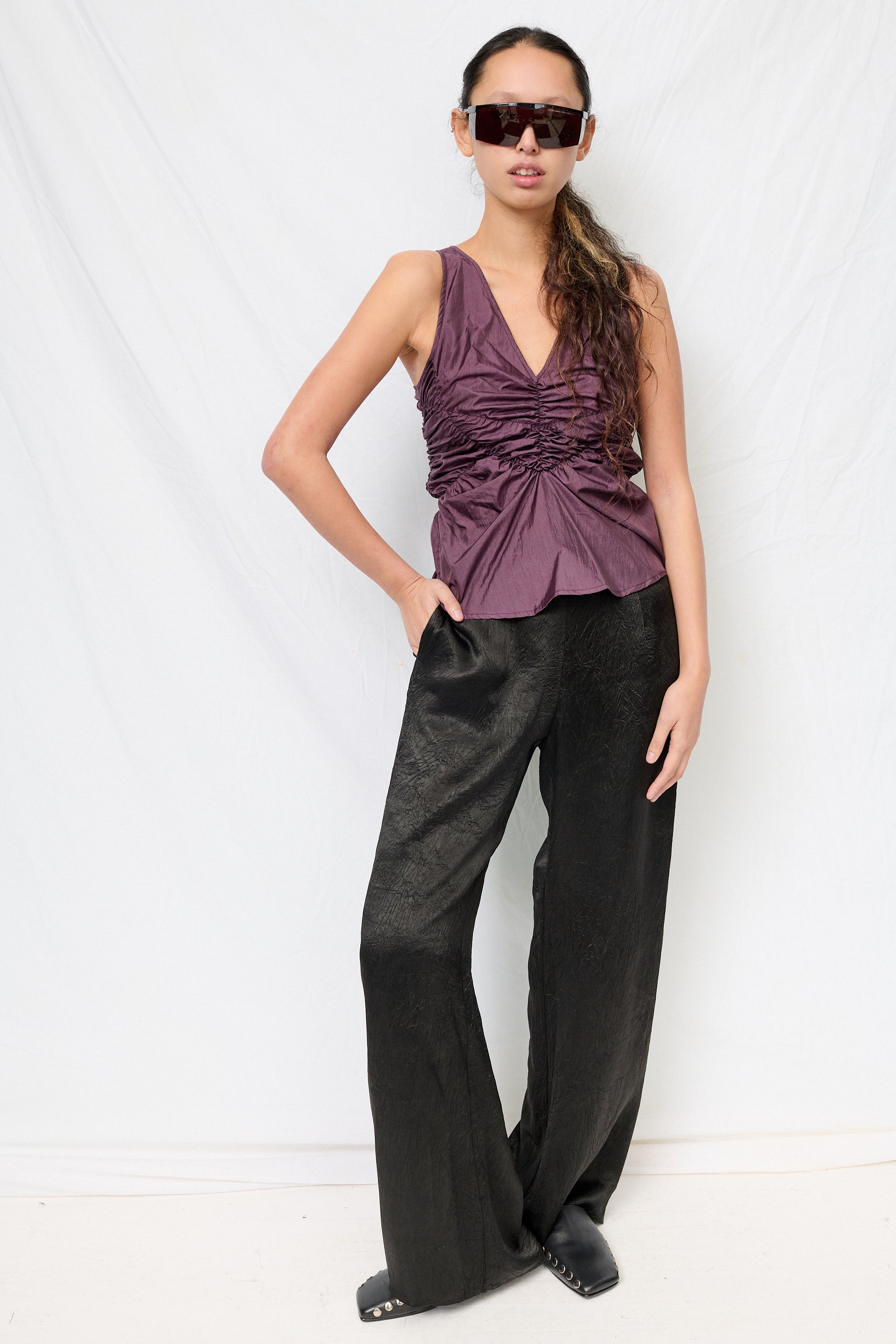 Black Wrinkled Acetate Clean Pant