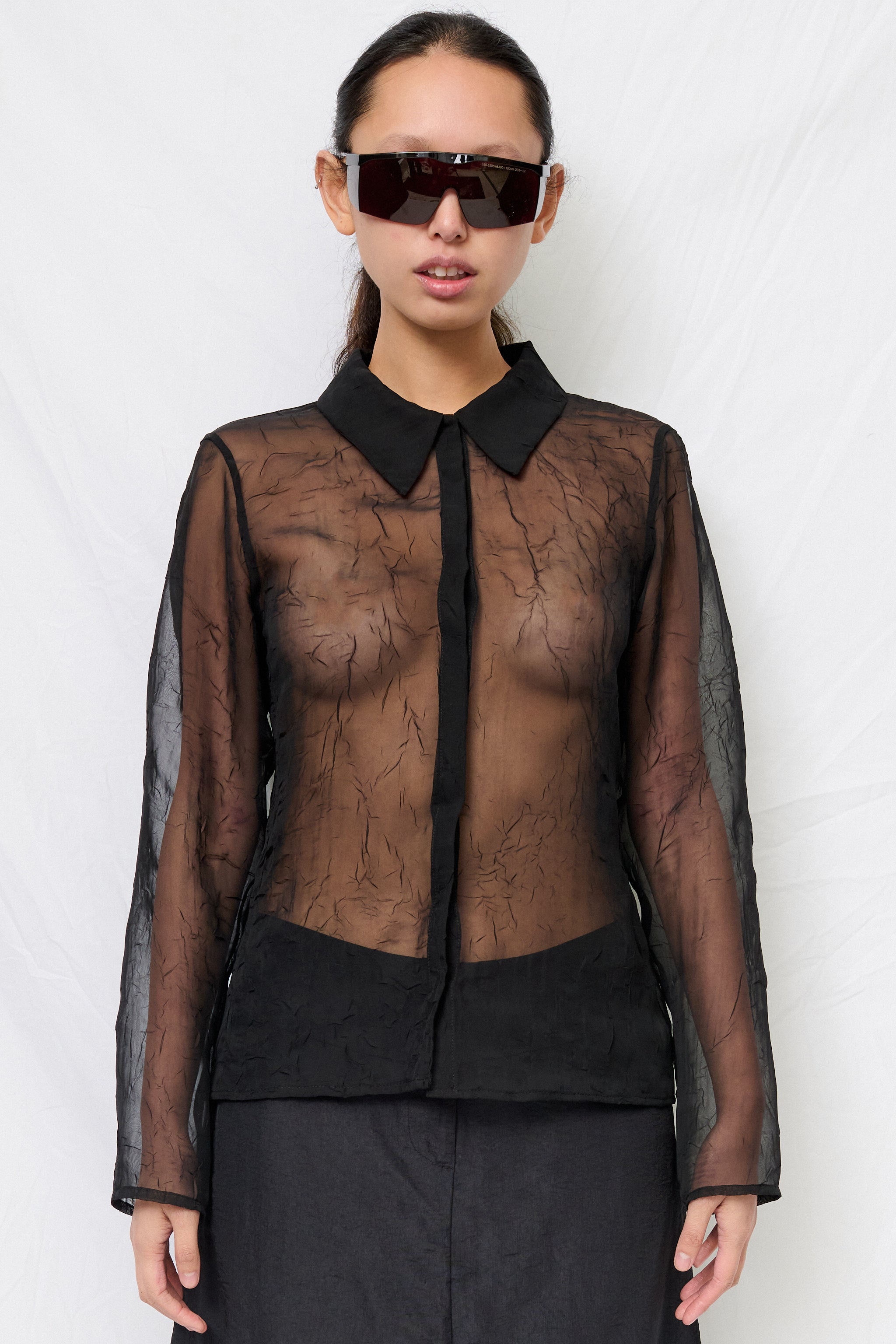 Black Crinkle Chiffon Fitted Button Up