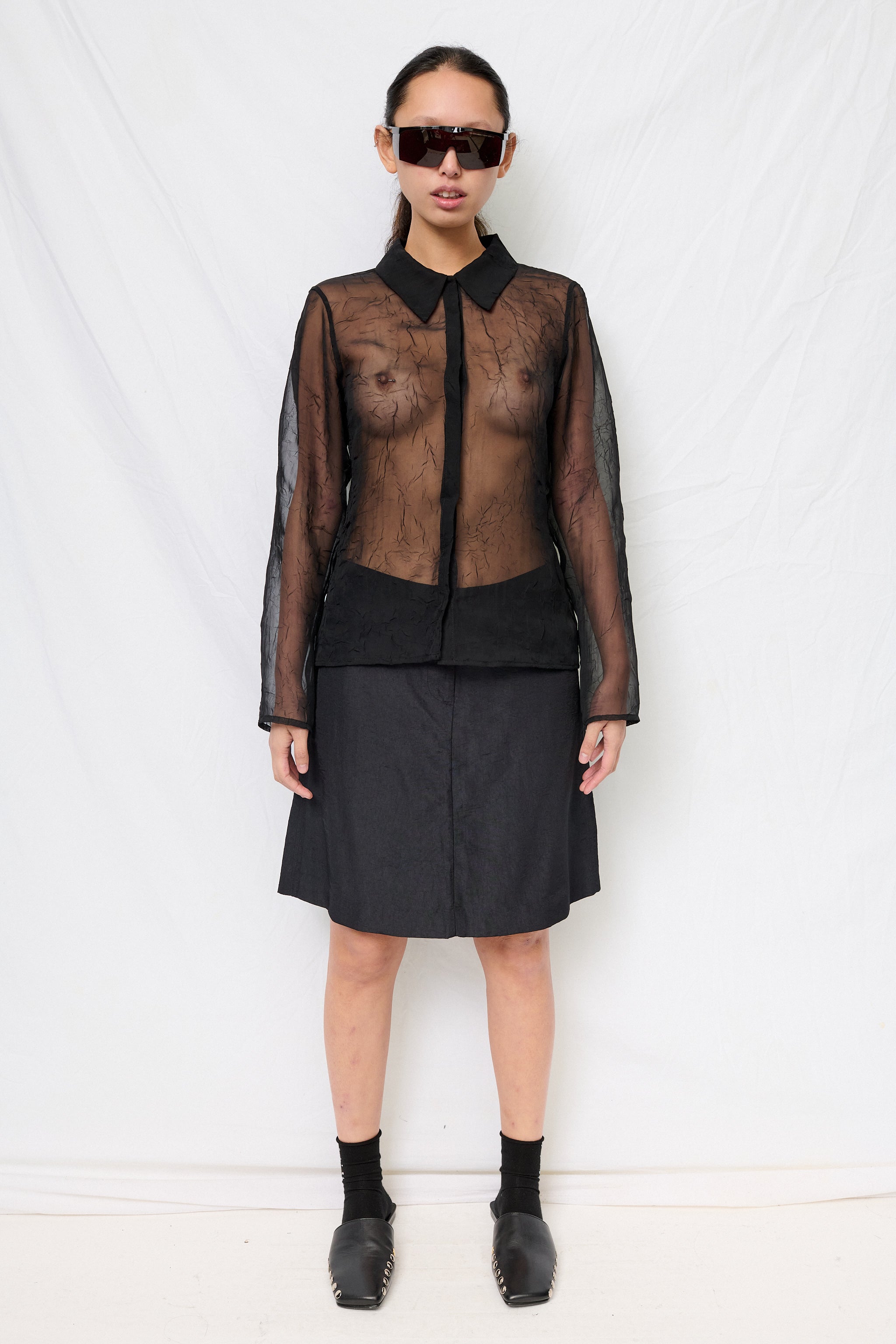 Black Crinkle Chiffon Fitted Button Up