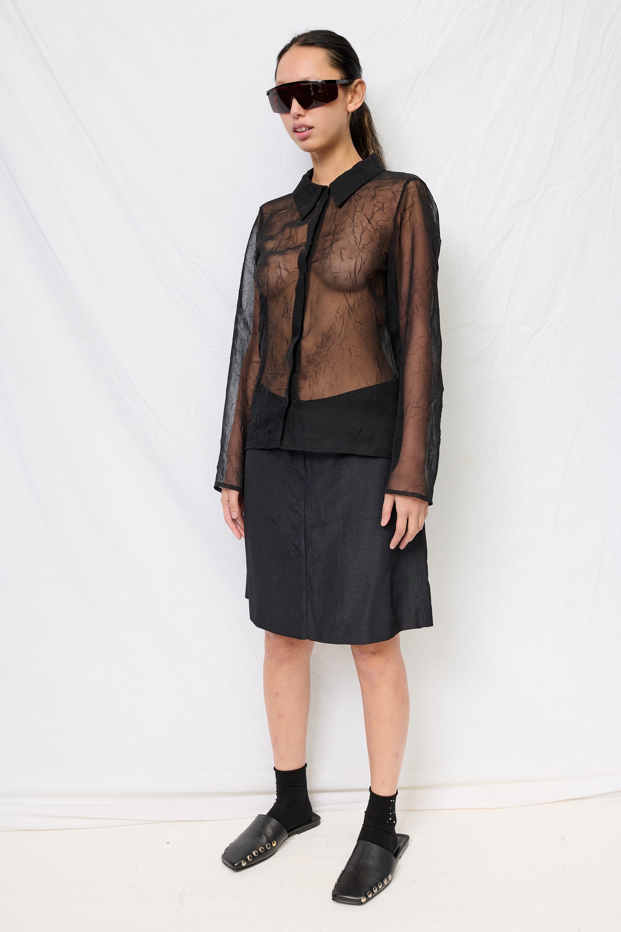 Black Crinkle Chiffon Fitted Button Up