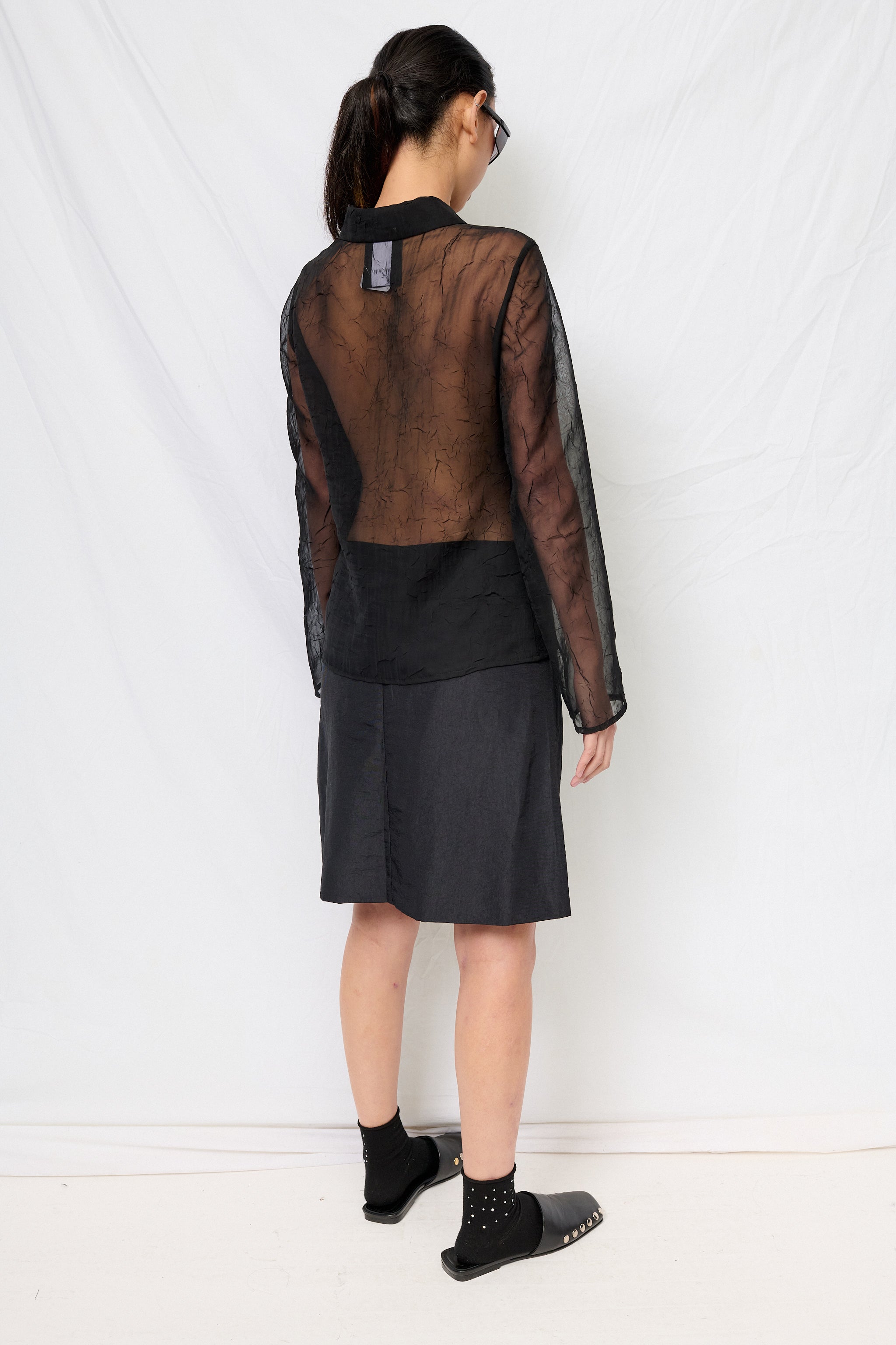 Black Crinkle Chiffon Fitted Button Up