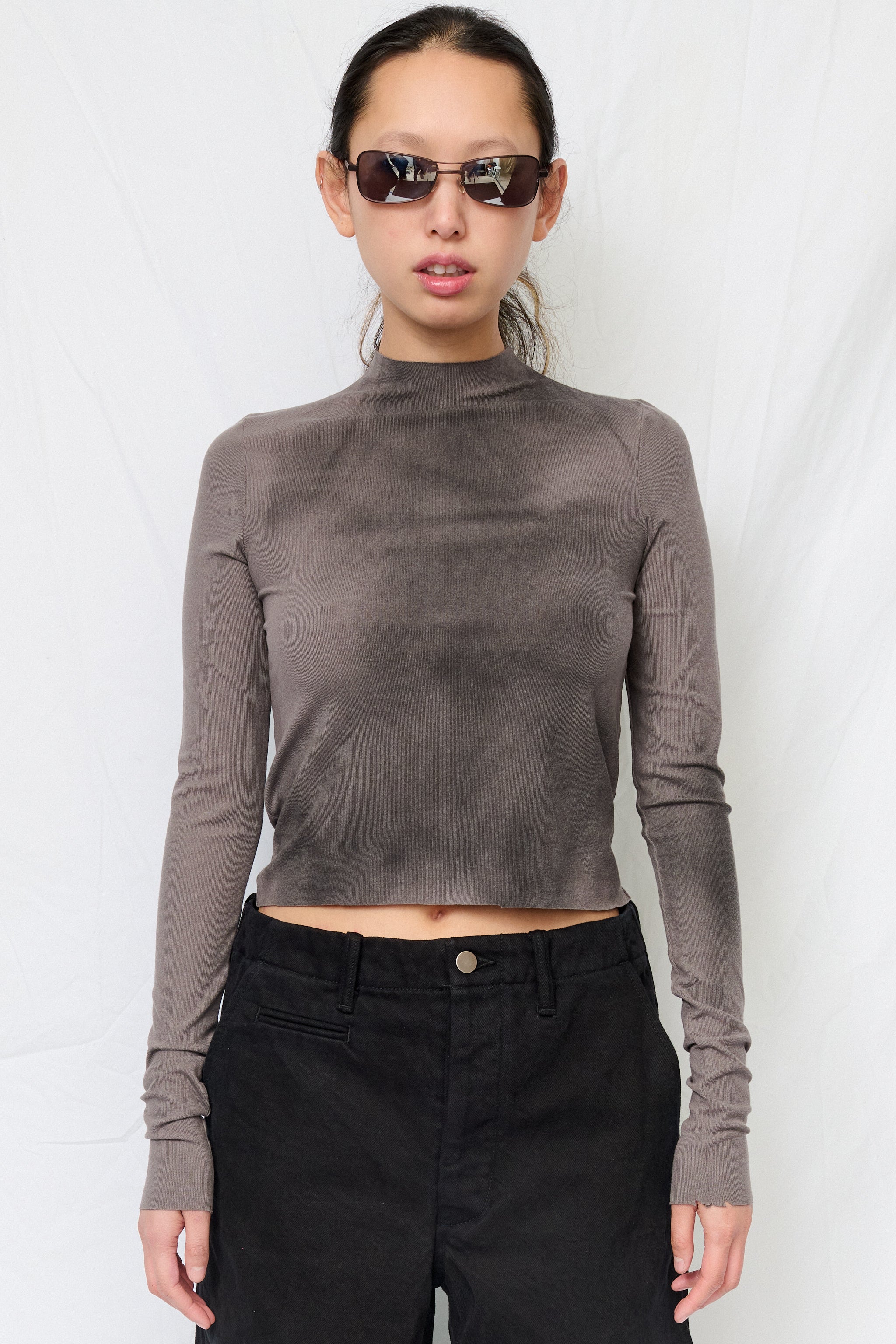 Grey Airbrush Crop Long Sleeve Mockneck