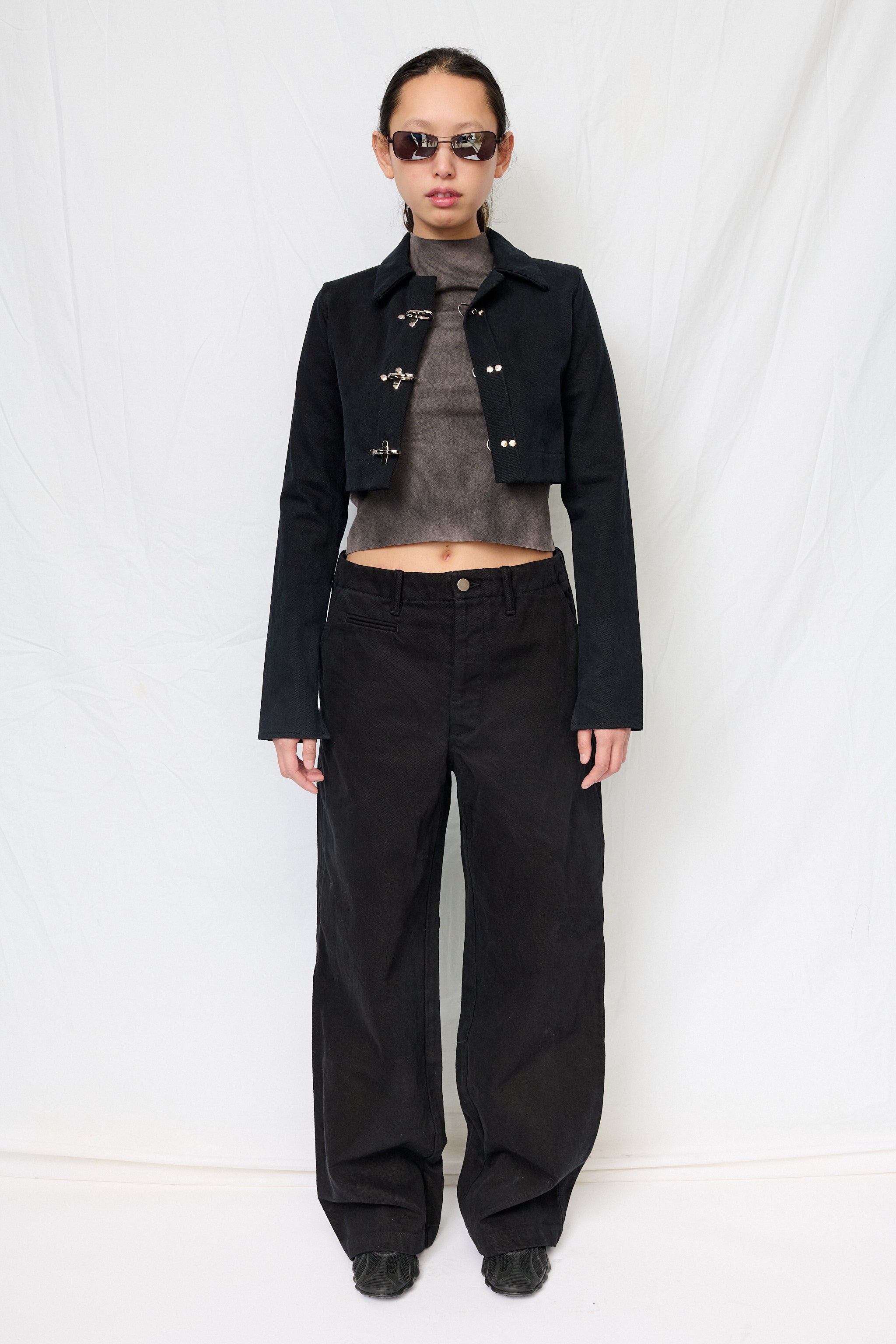 Black Denim Fireman Crop Rugby Top