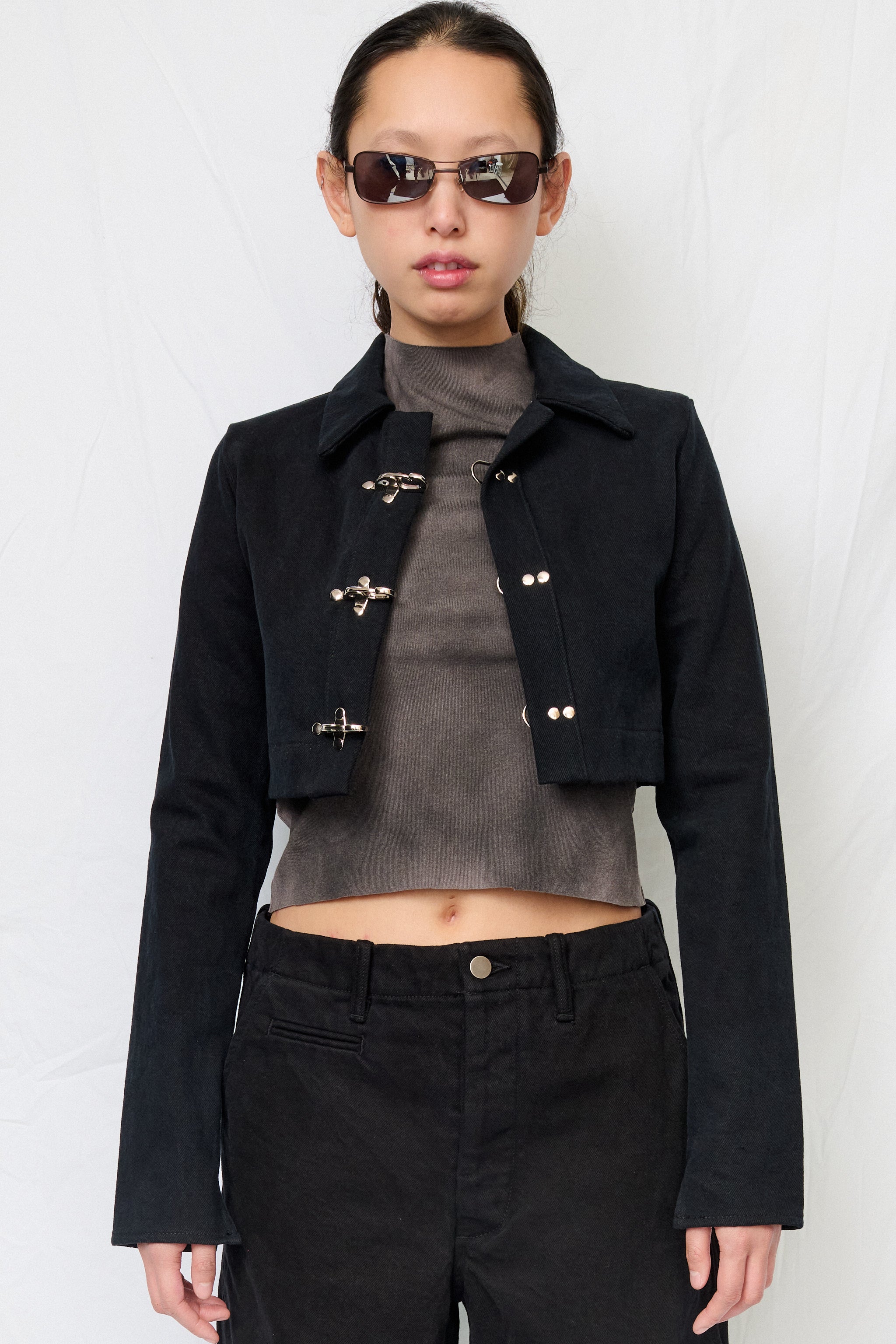 Black Denim Fireman Crop Rugby Top