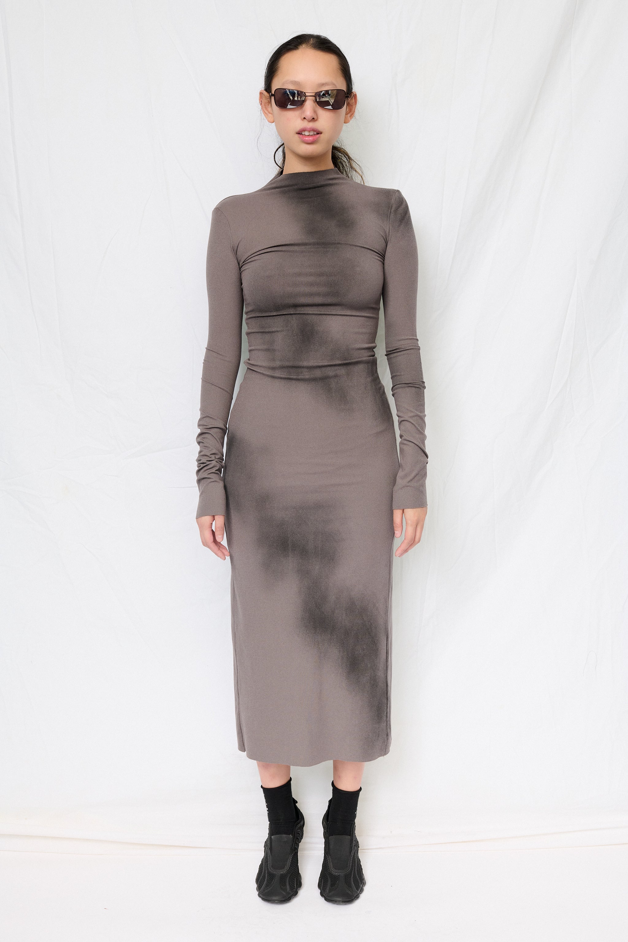Grey Airbrush Long Sleeve Mockneck Dress