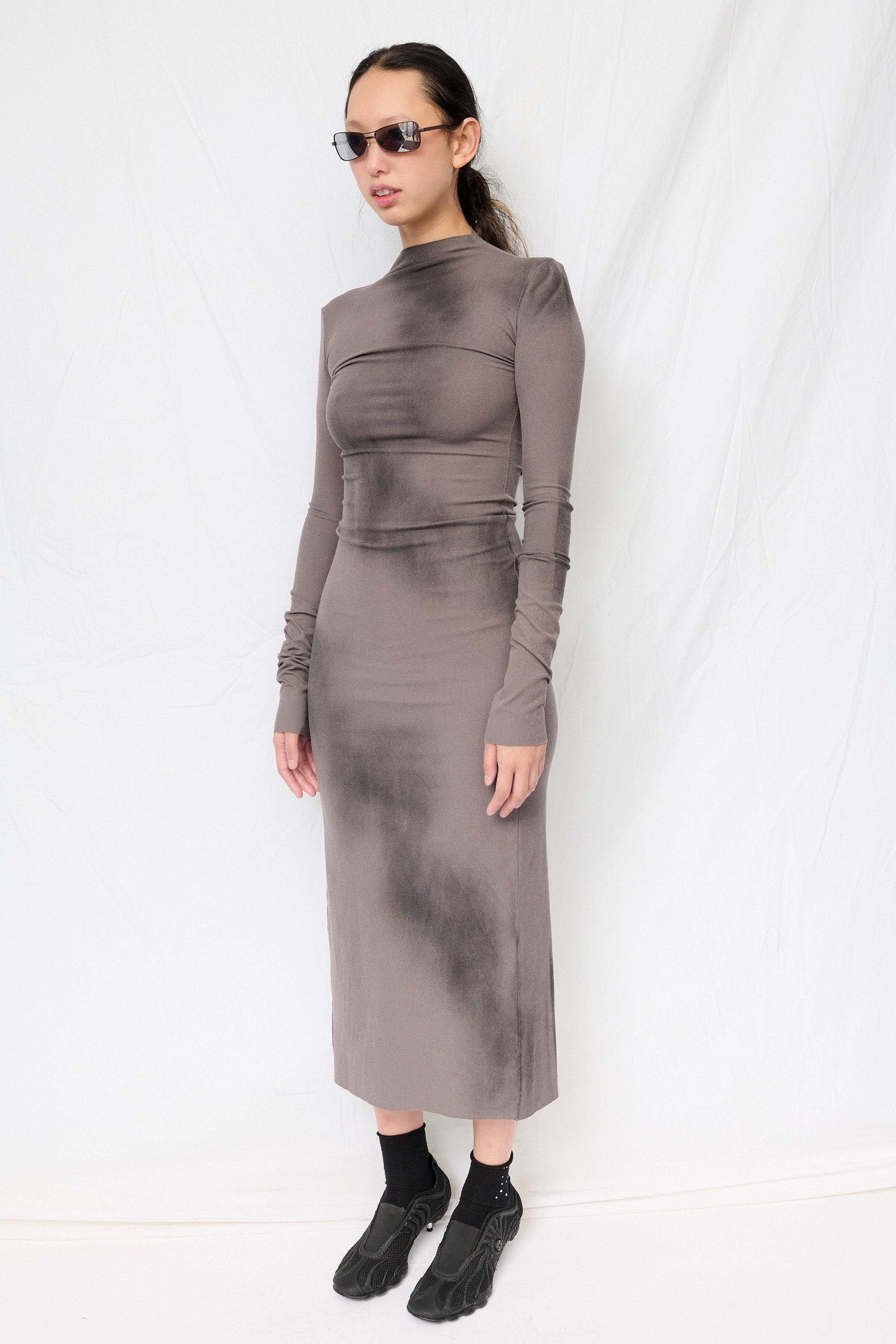 Grey Airbrush Long Sleeve Mockneck Dress