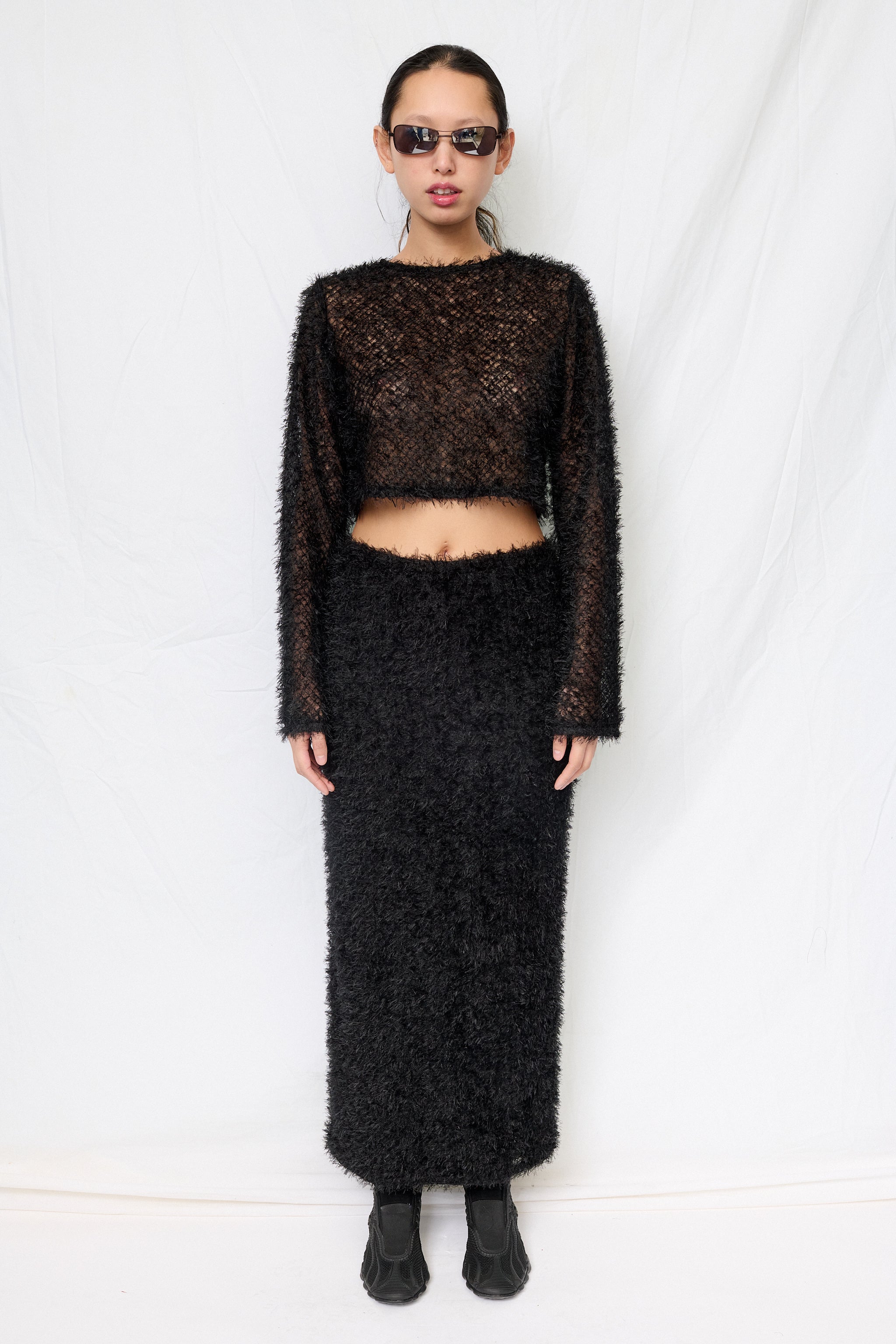 Black Feather Crop Long Sleeve Top