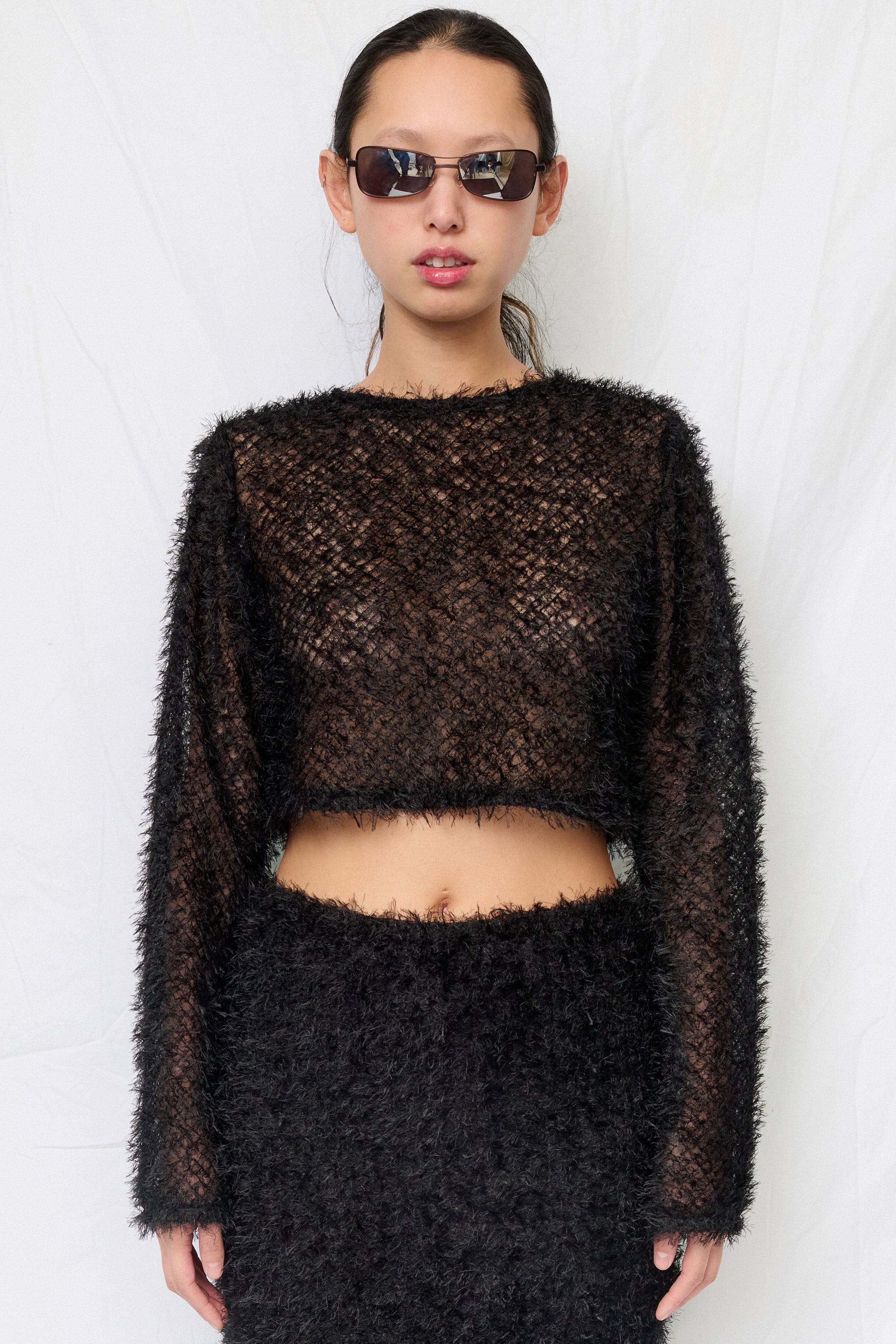 Black Feather Crop Long Sleeve Top