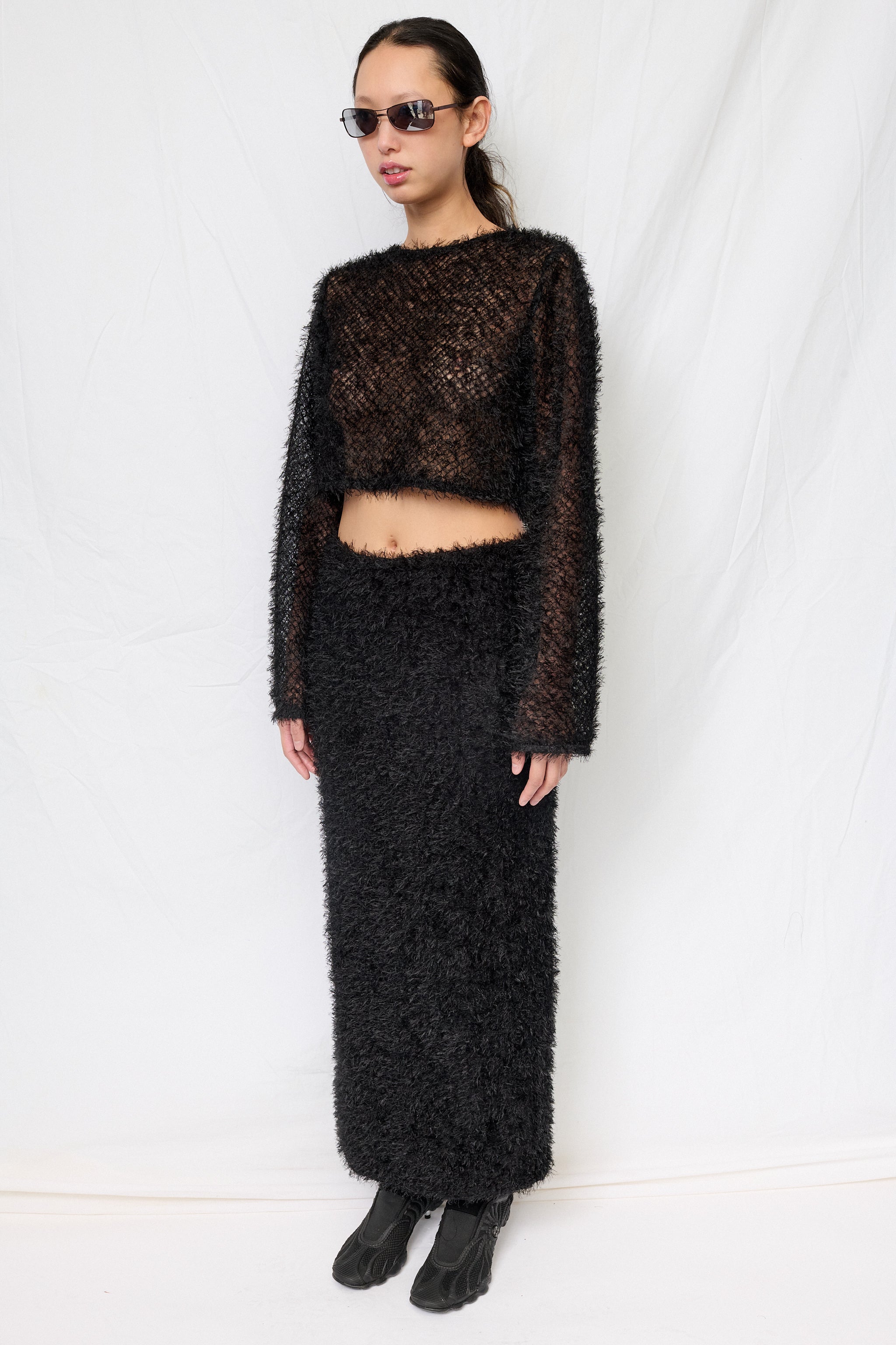 Black Feather Crop Long Sleeve Top