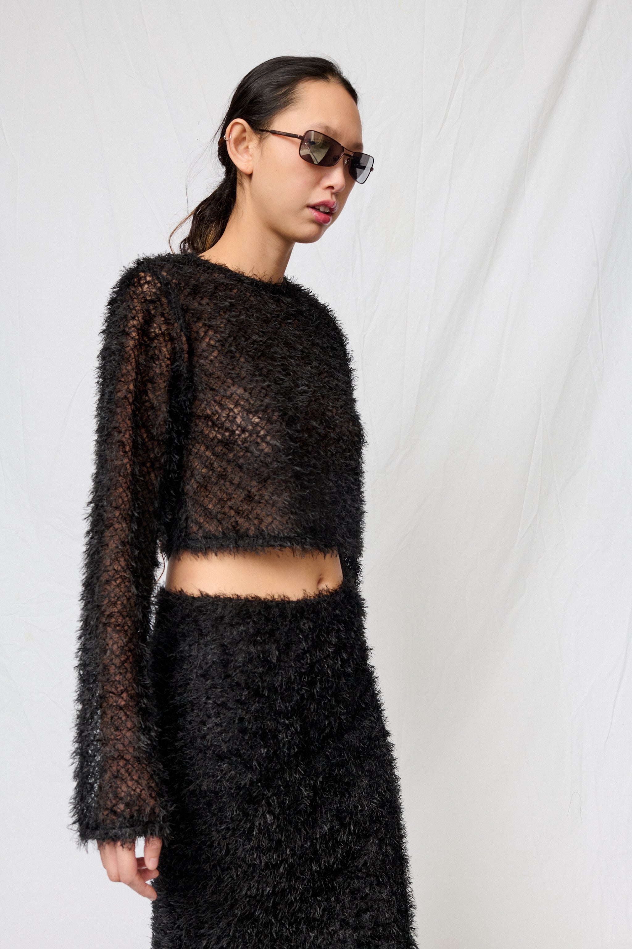 Black Feather Crop Long Sleeve Top