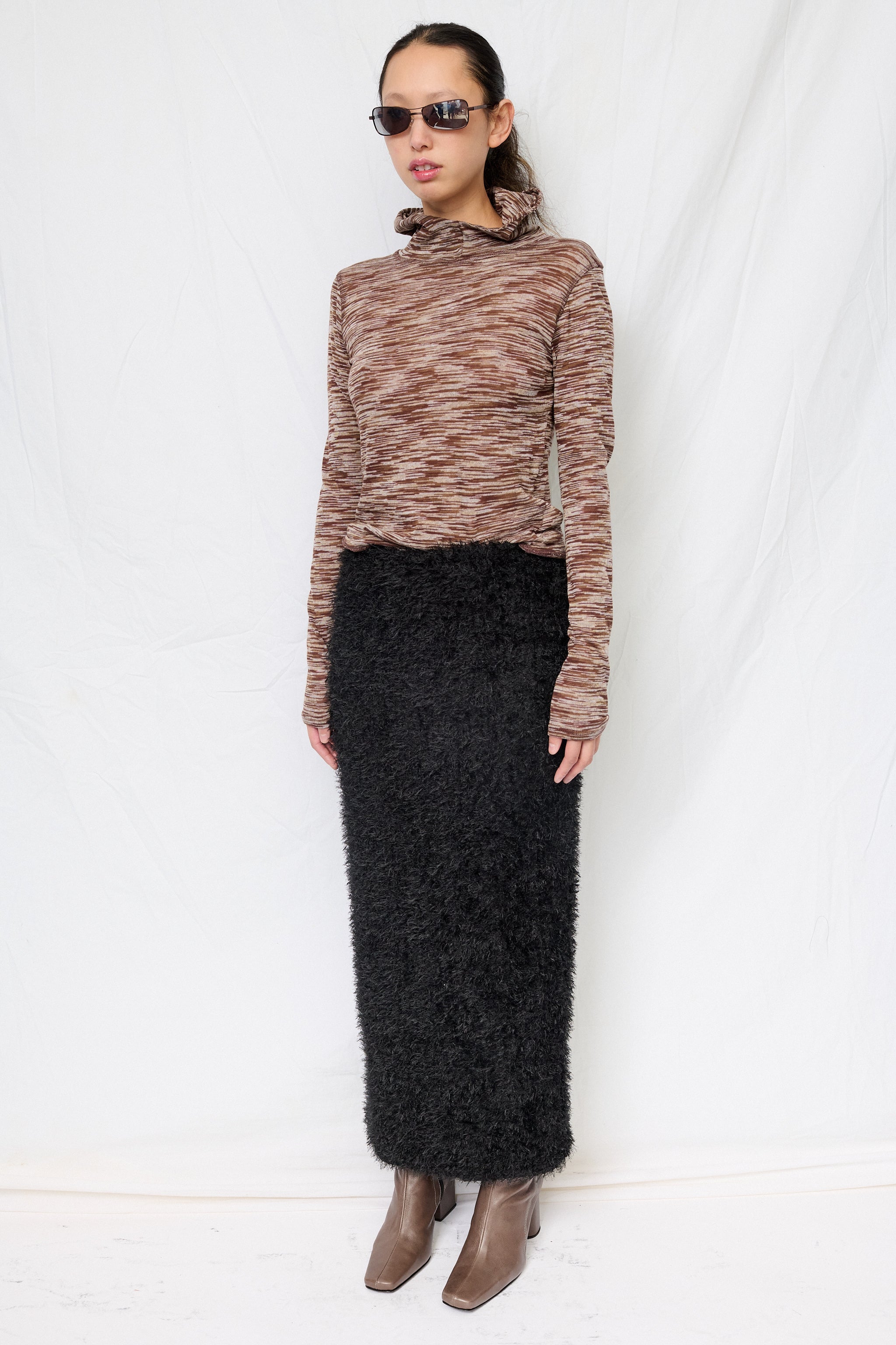 Brown Variegated Knit Hooded Top