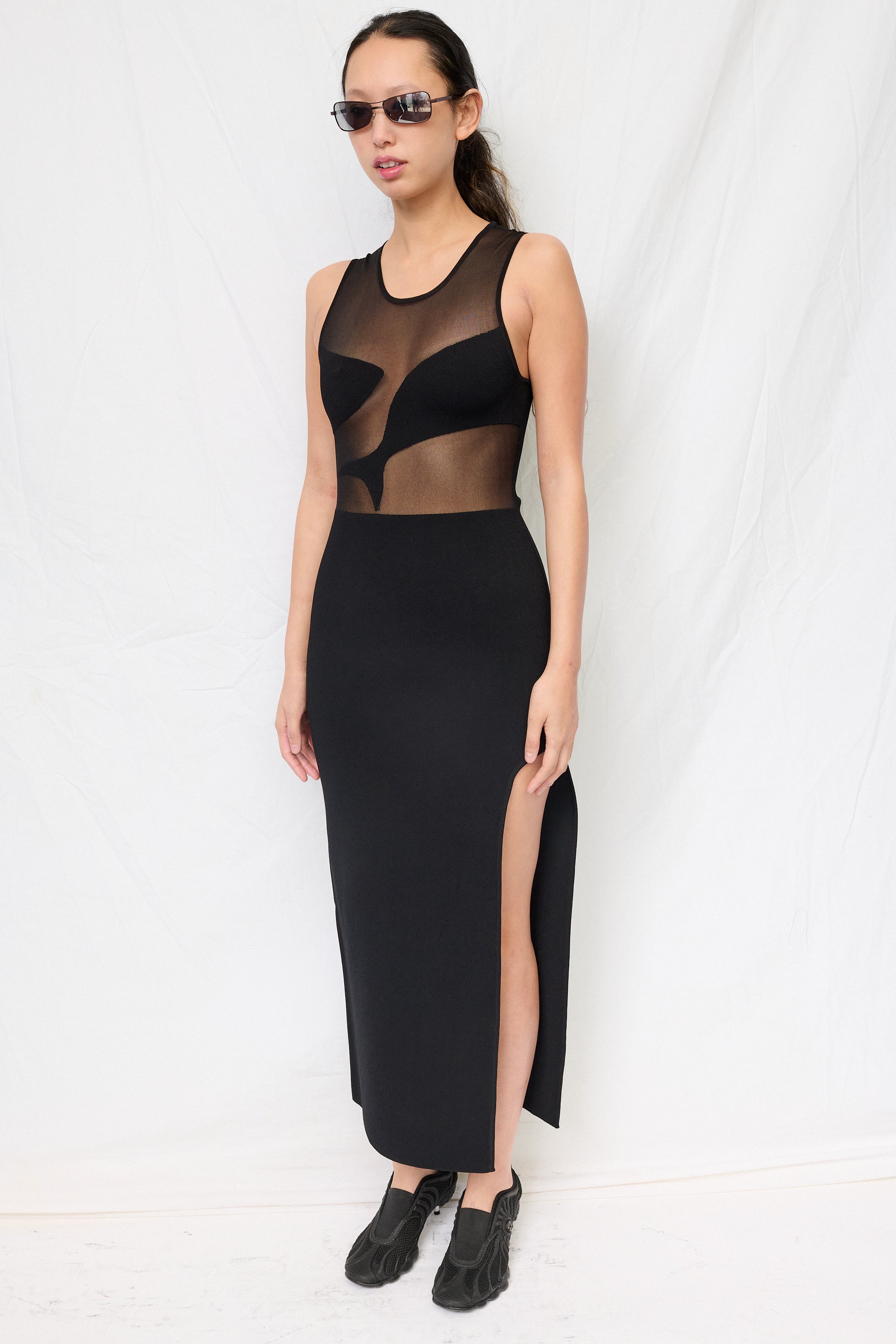 long black dress with sheer top Sheer Deluxe Black Mesh Top Drape Midi Dress