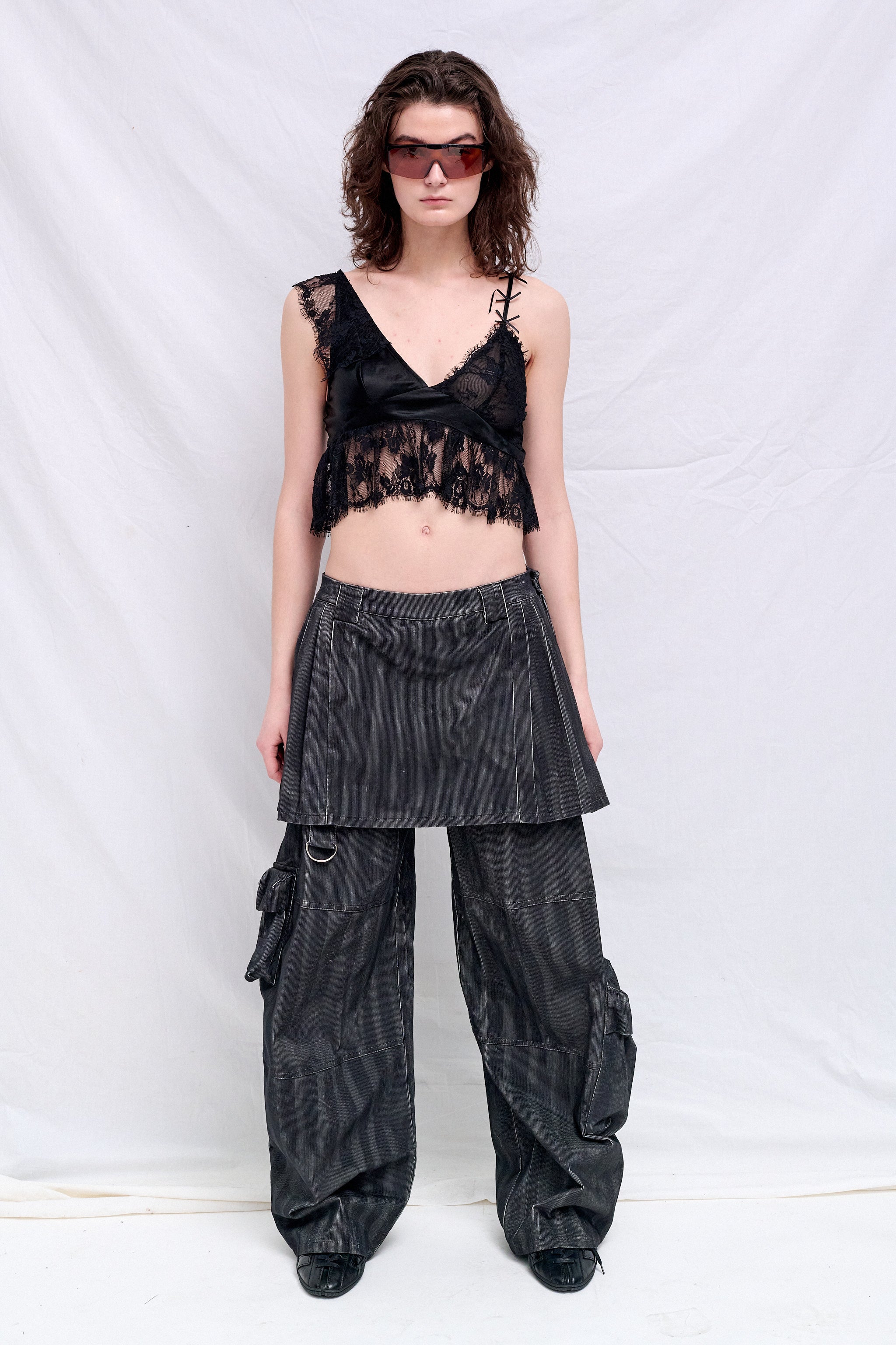 Black Wavy Flower Stripe Corduroy Lawn Skirt Cargo Pant