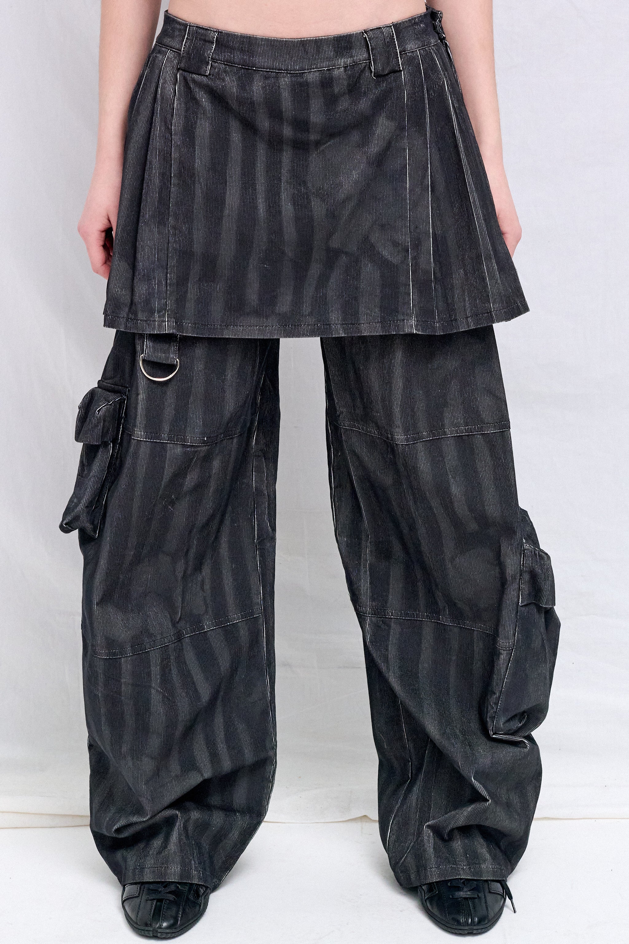 Black Wavy Flower Stripe Corduroy Lawn Skirt Cargo Pant