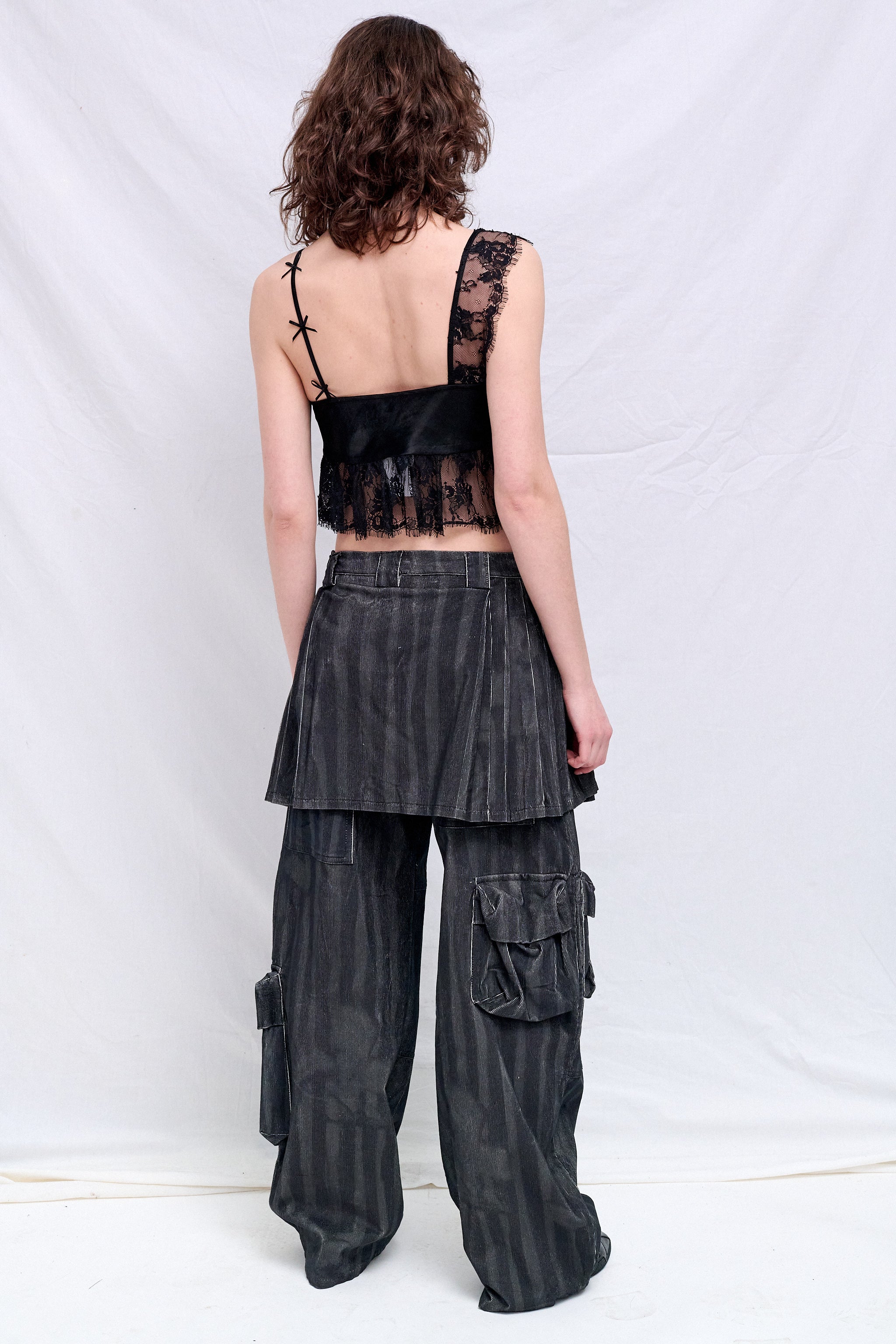 Black Wavy Flower Stripe Corduroy Lawn Skirt Cargo Pant - Collina