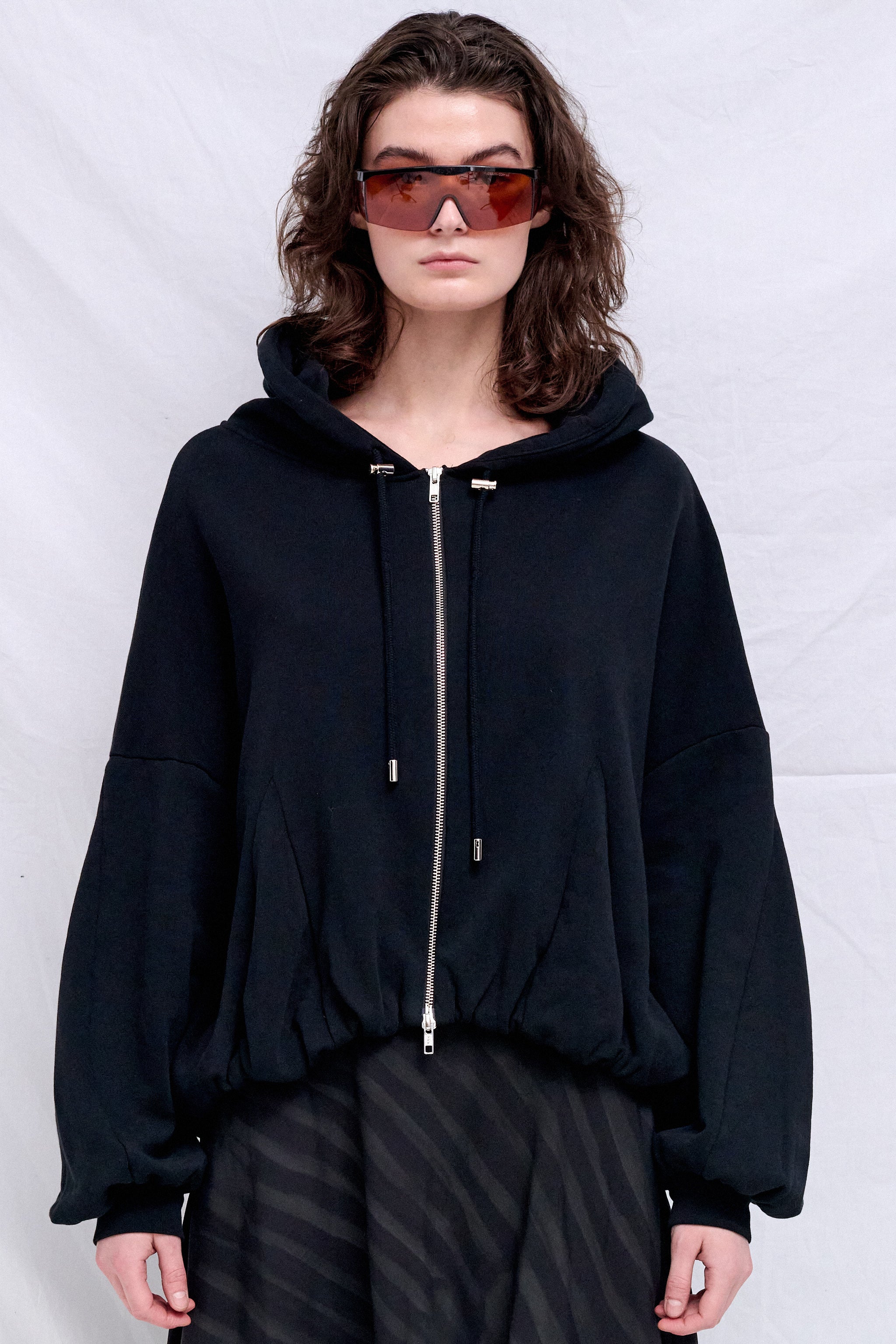 Black Deadstock Fleece Gathered Zip Up Hoodie