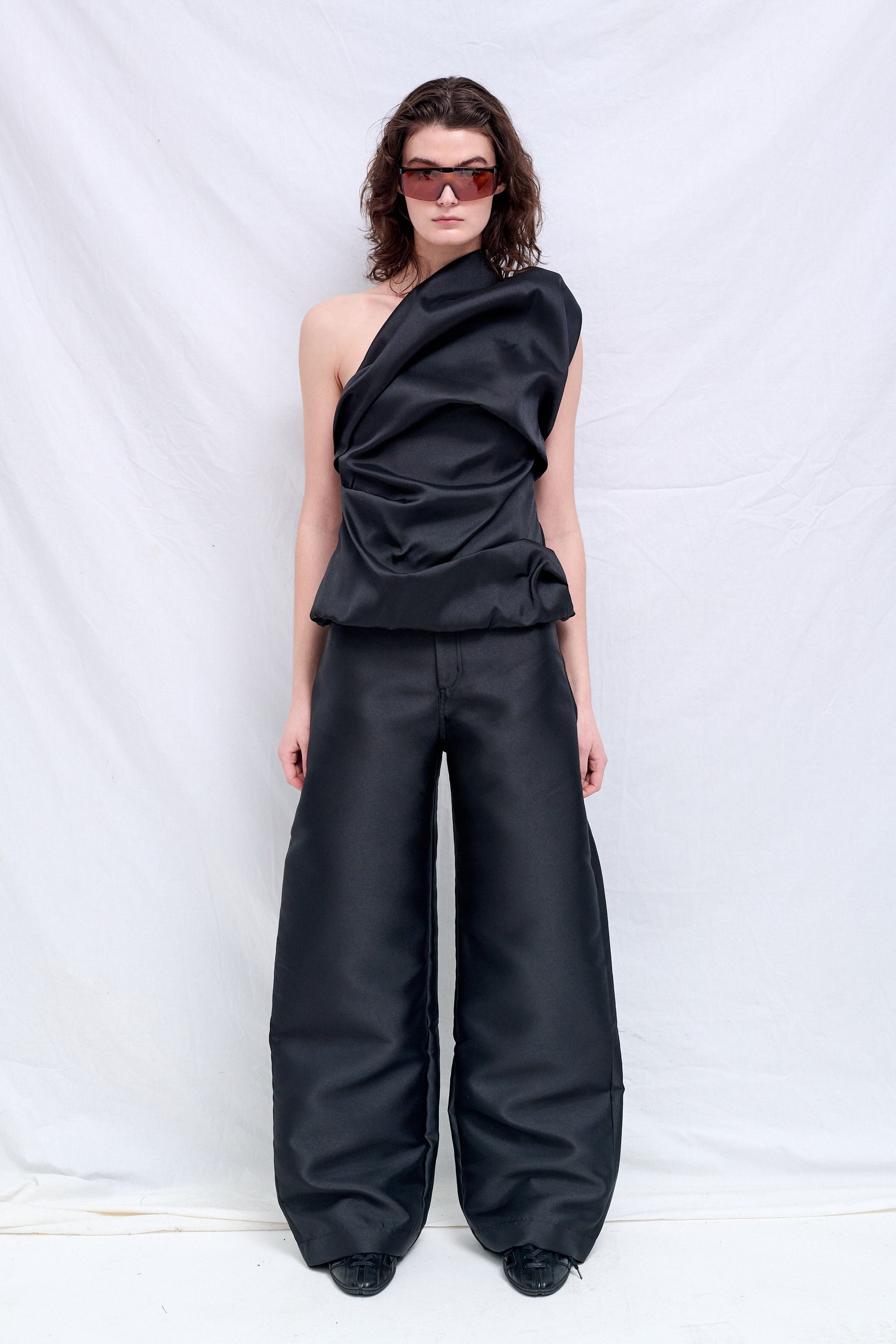 Black Heavy Satin Draped Top With Asymmetric Neckline