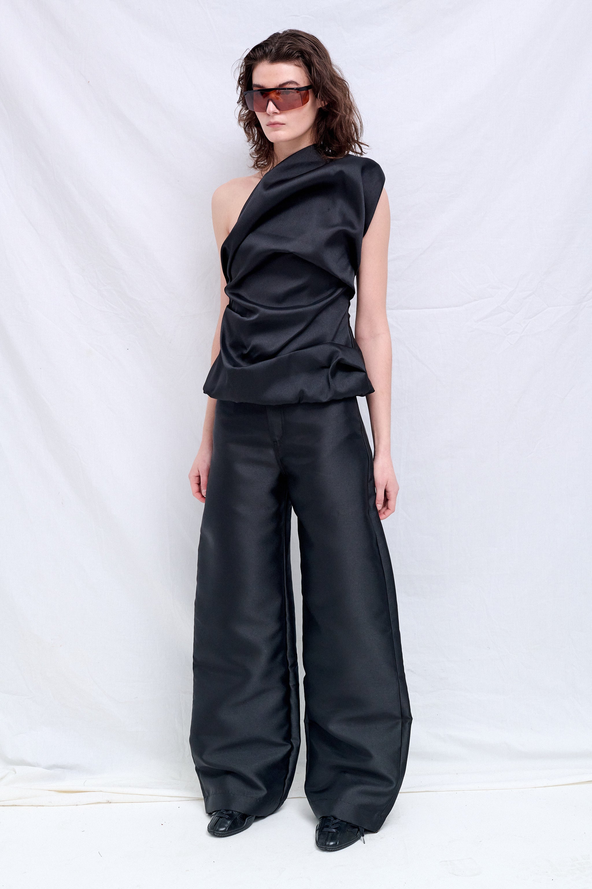 Black Heavy Satin Draped Top With Asymmetric Neckline