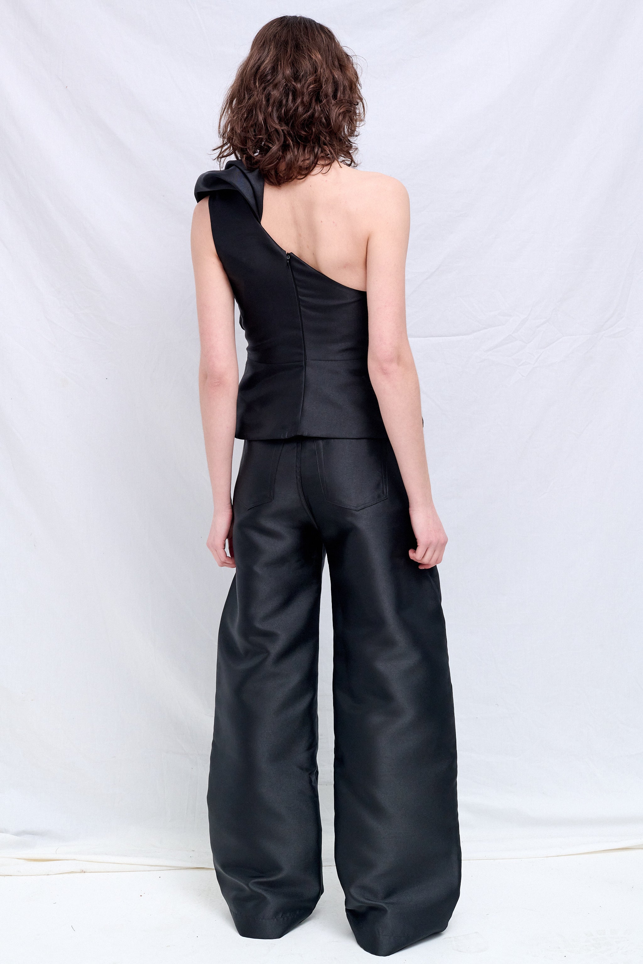 Black Heavy Satin Boyfriend Style Trousers
