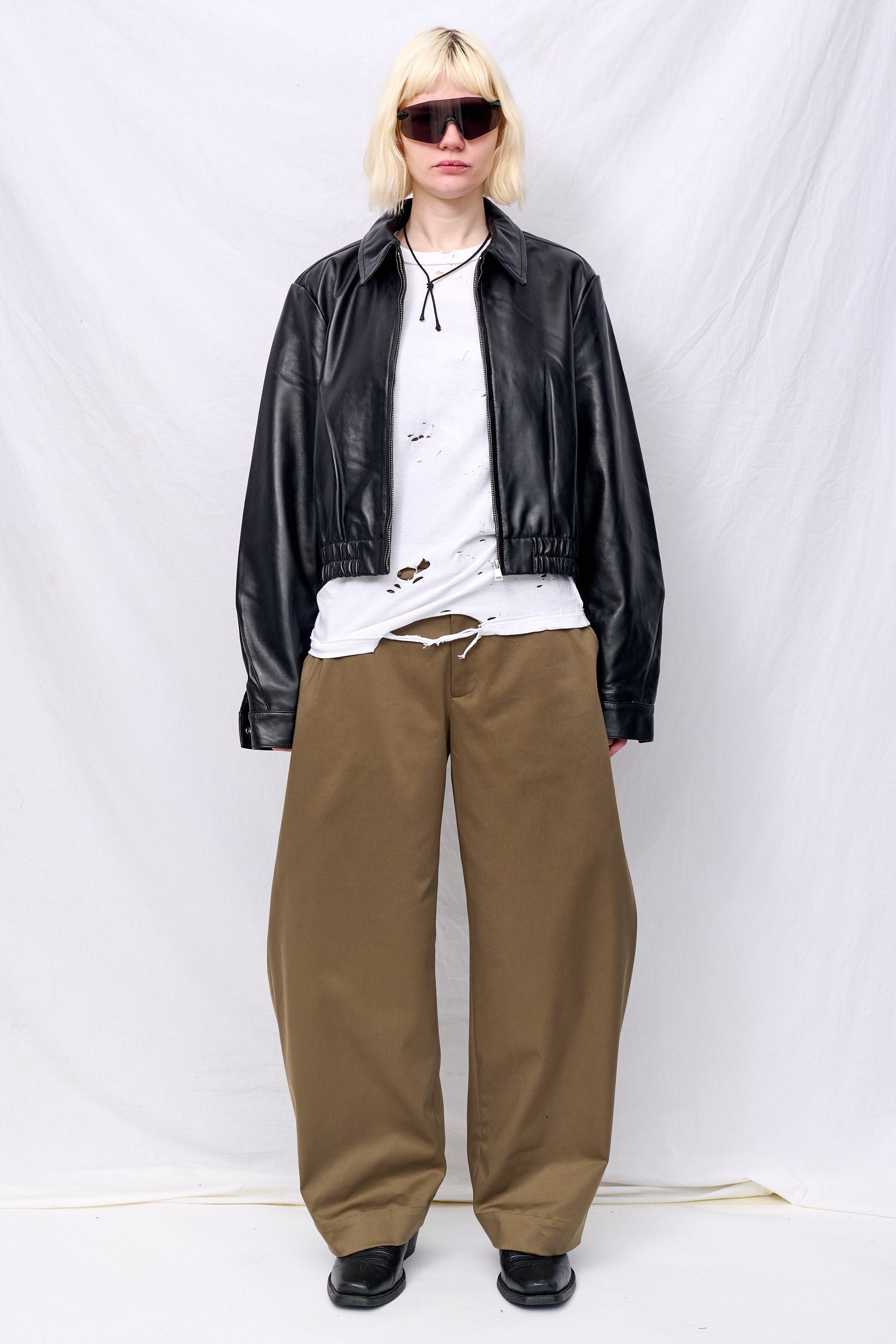Black Leather Shrunken Zip Jacket