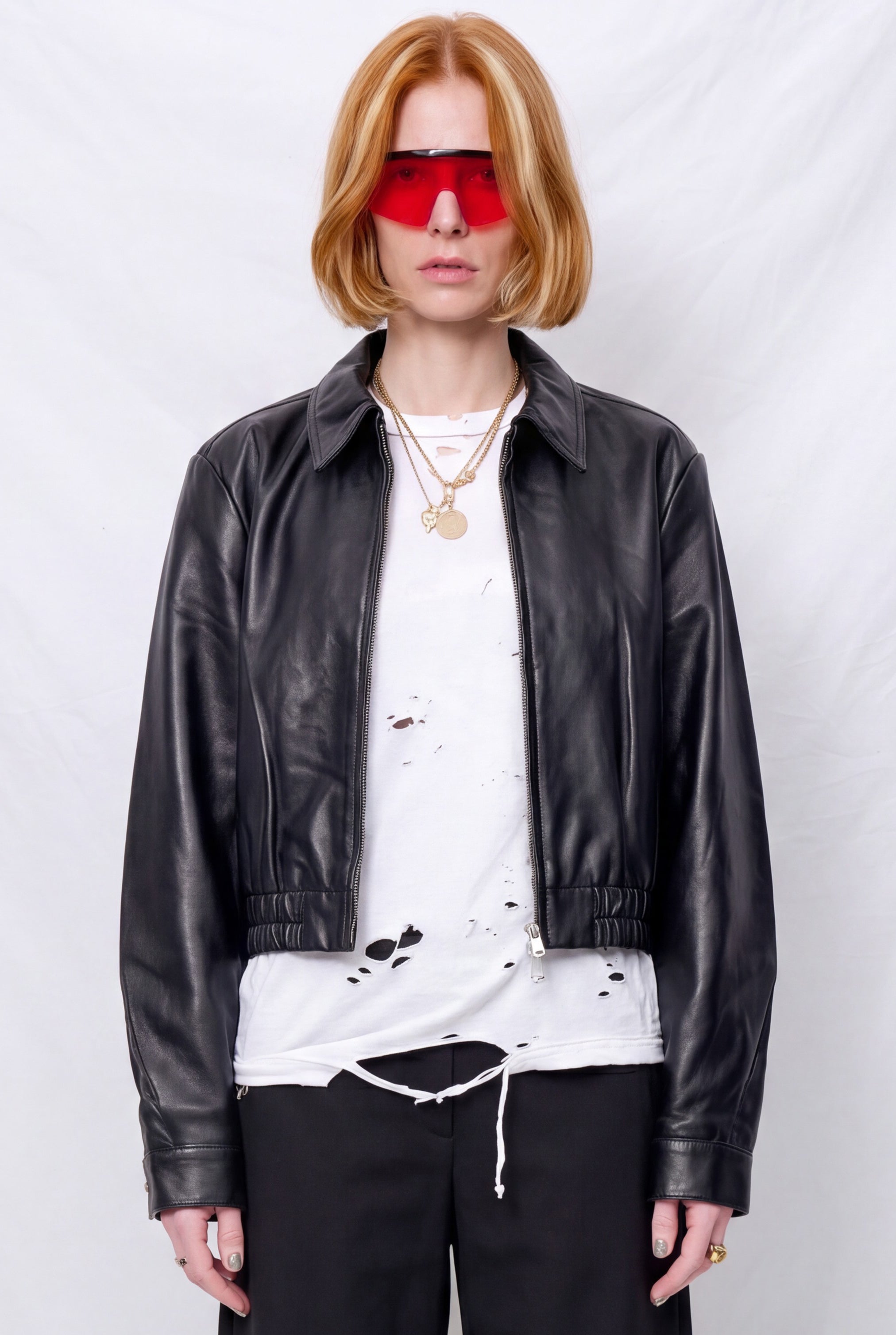 Black Leather Shrunken Zip Jacket