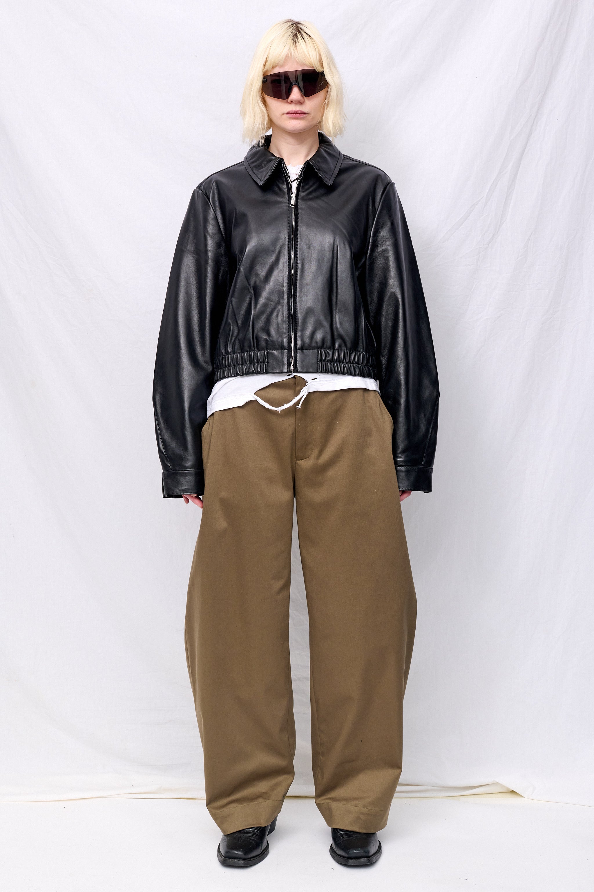 Black Leather Shrunken Zip Jacket