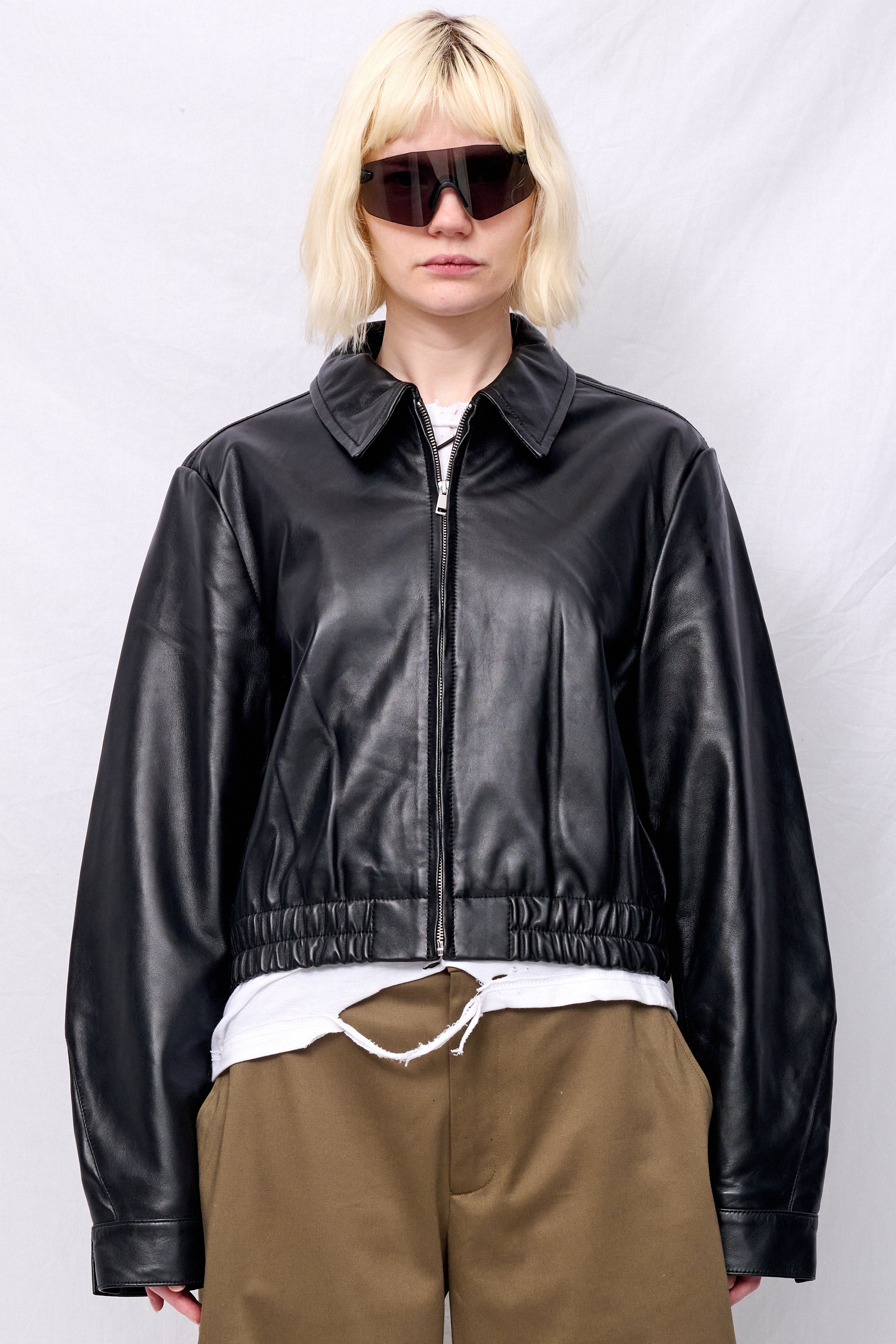 Black Leather Shrunken Zip Jacket