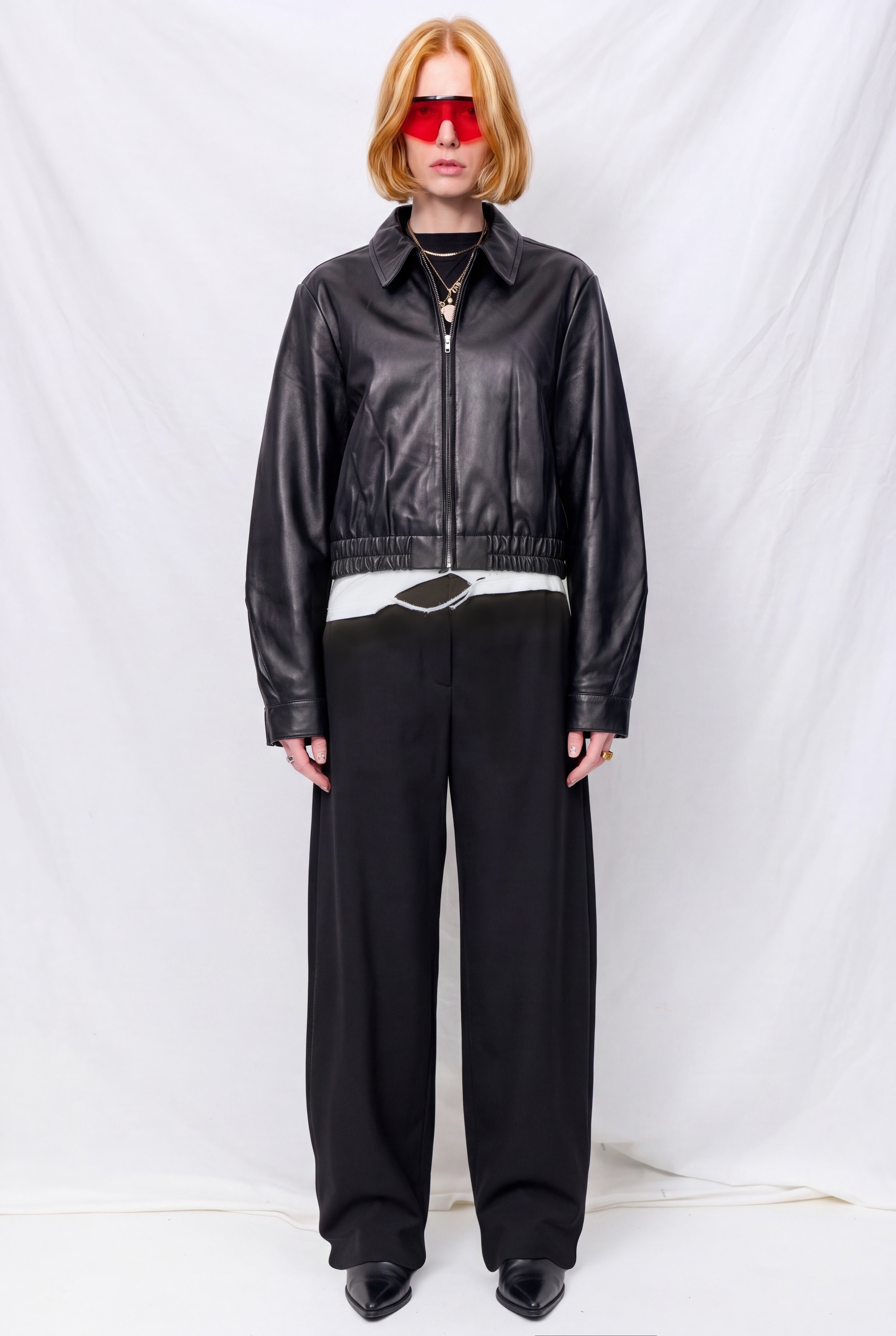 Black Leather Shrunken Zip Jacket