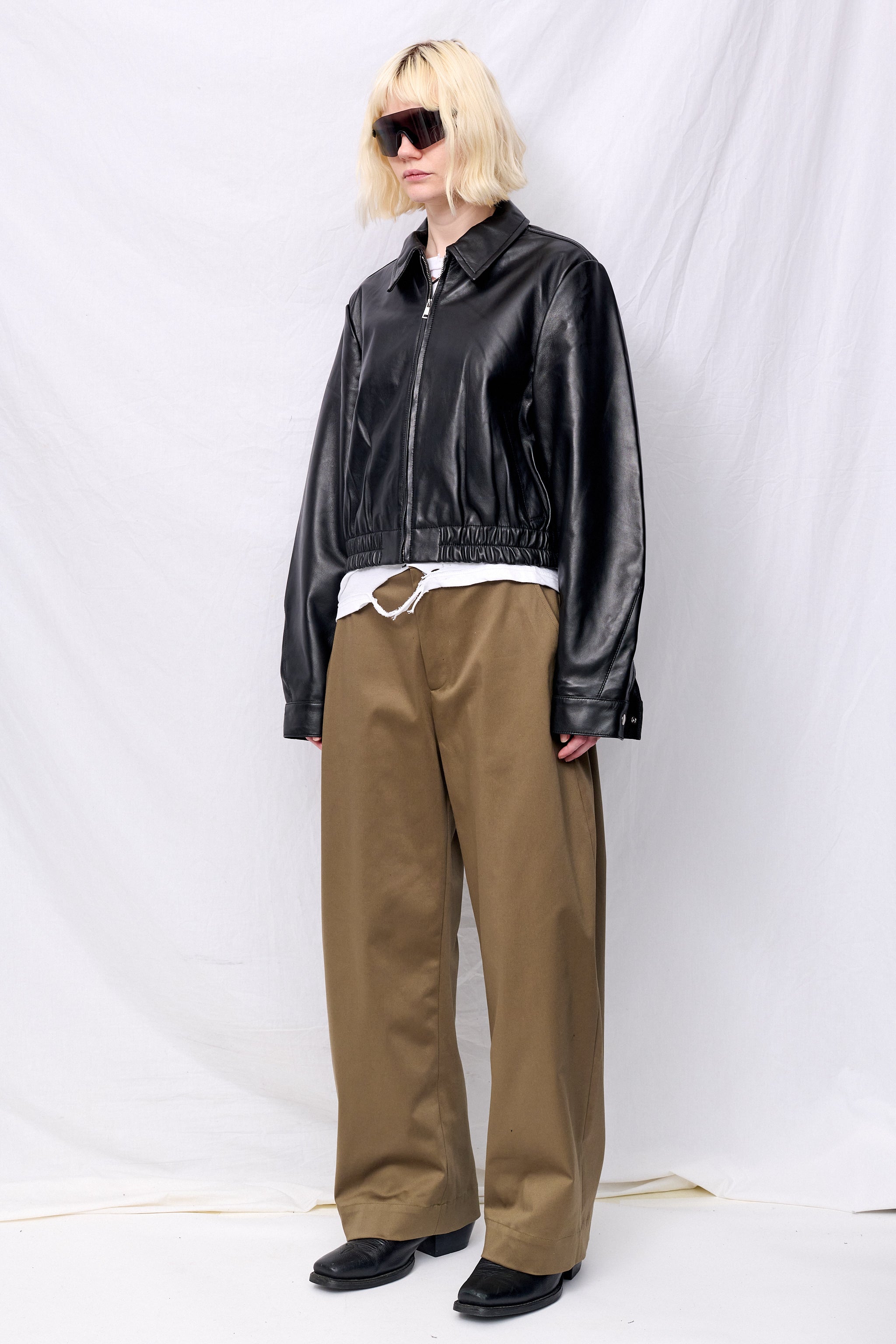 Black Leather Shrunken Zip Jacket
