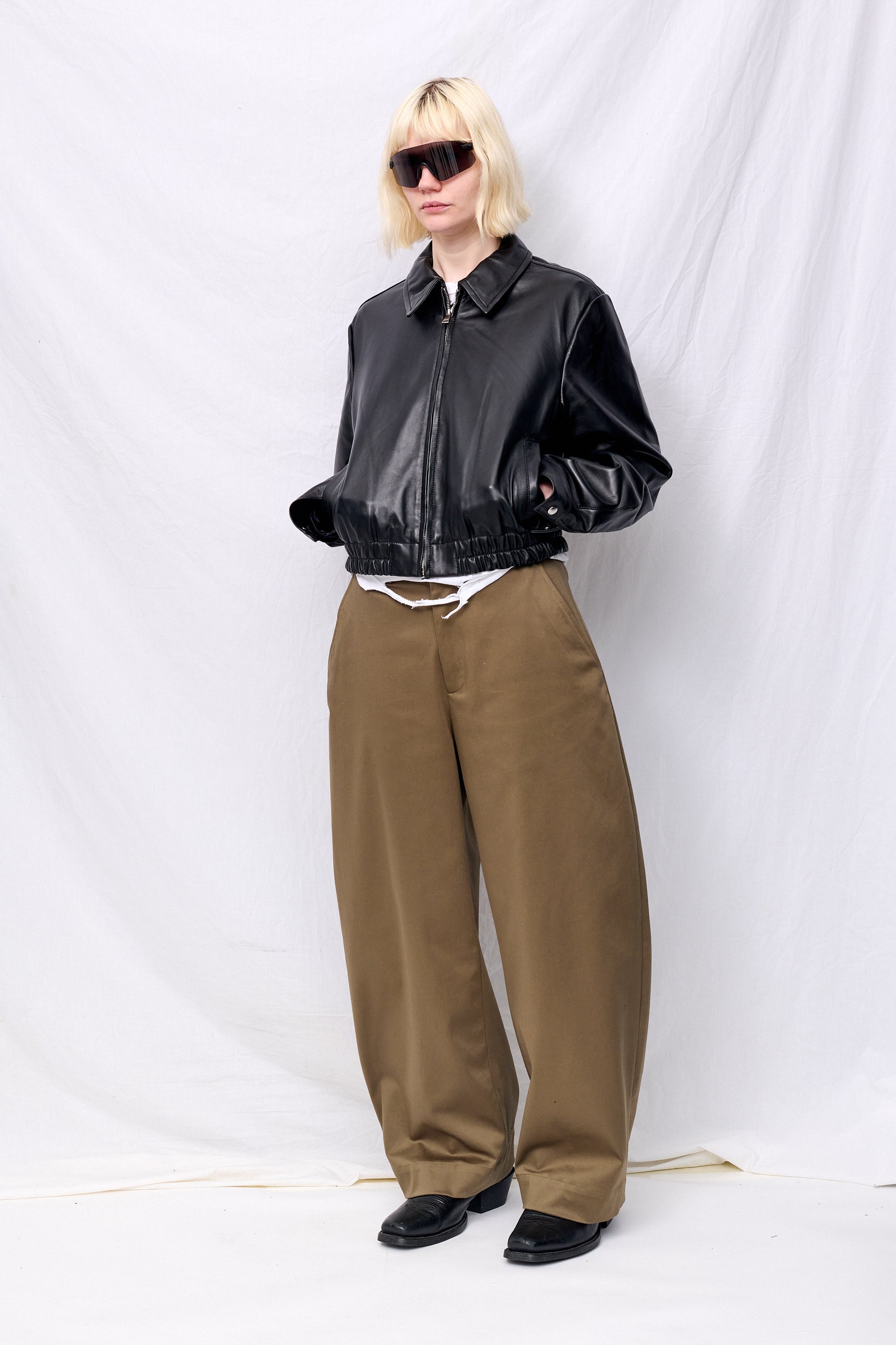 Black Leather Shrunken Zip Jacket