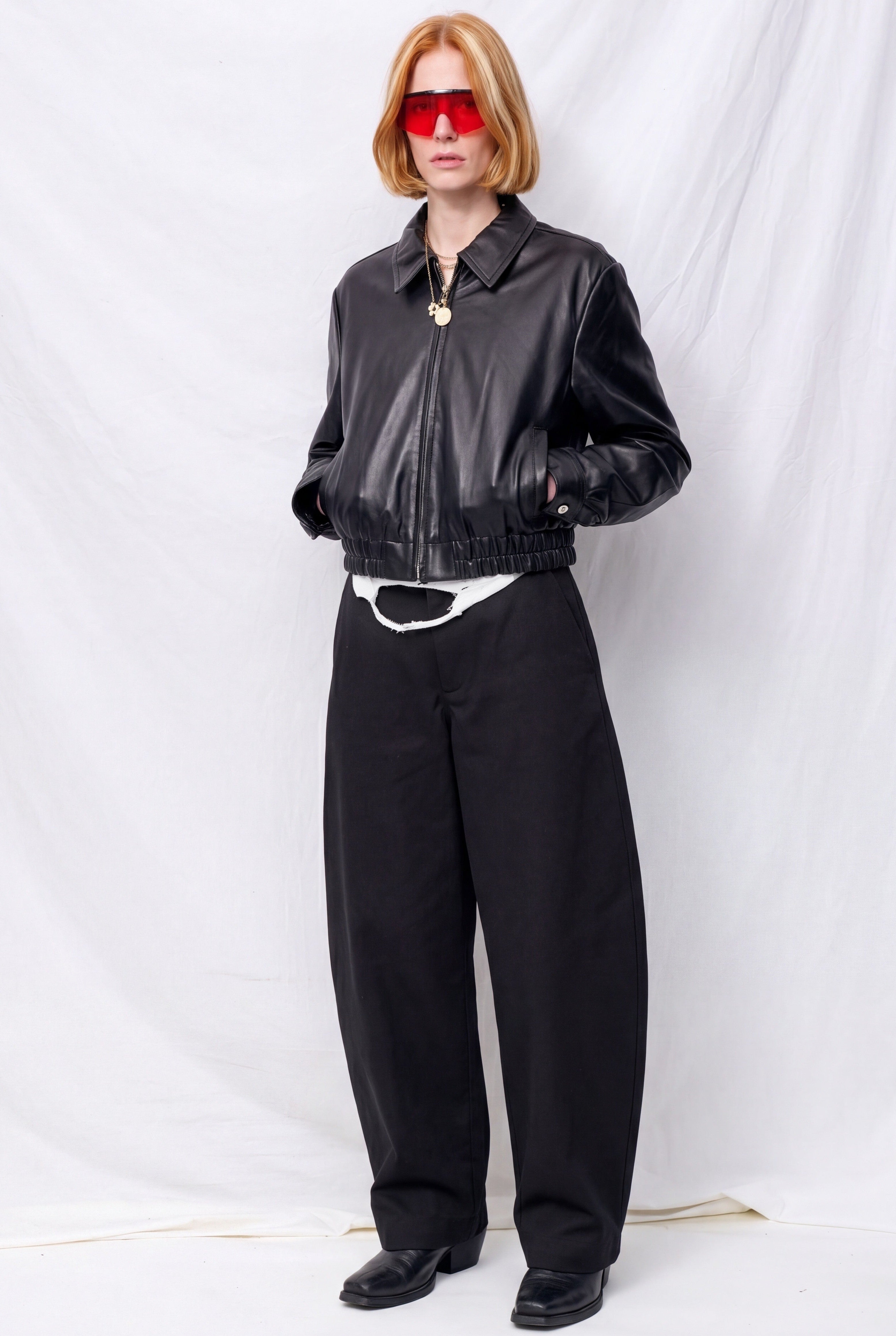 Black Leather Shrunken Zip Jacket