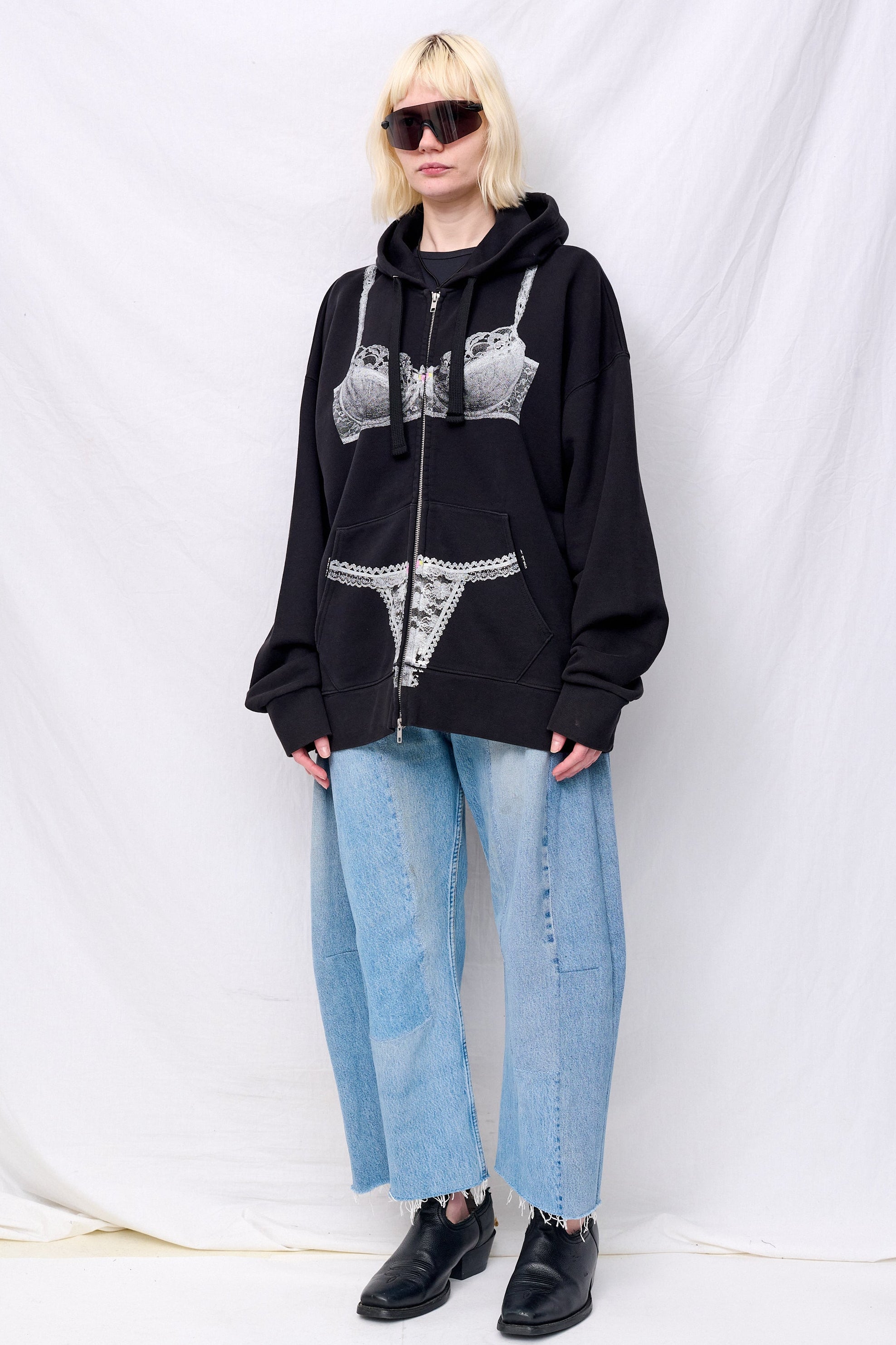 Washed Black Trompe L'oeil Zip Hoodie Knit