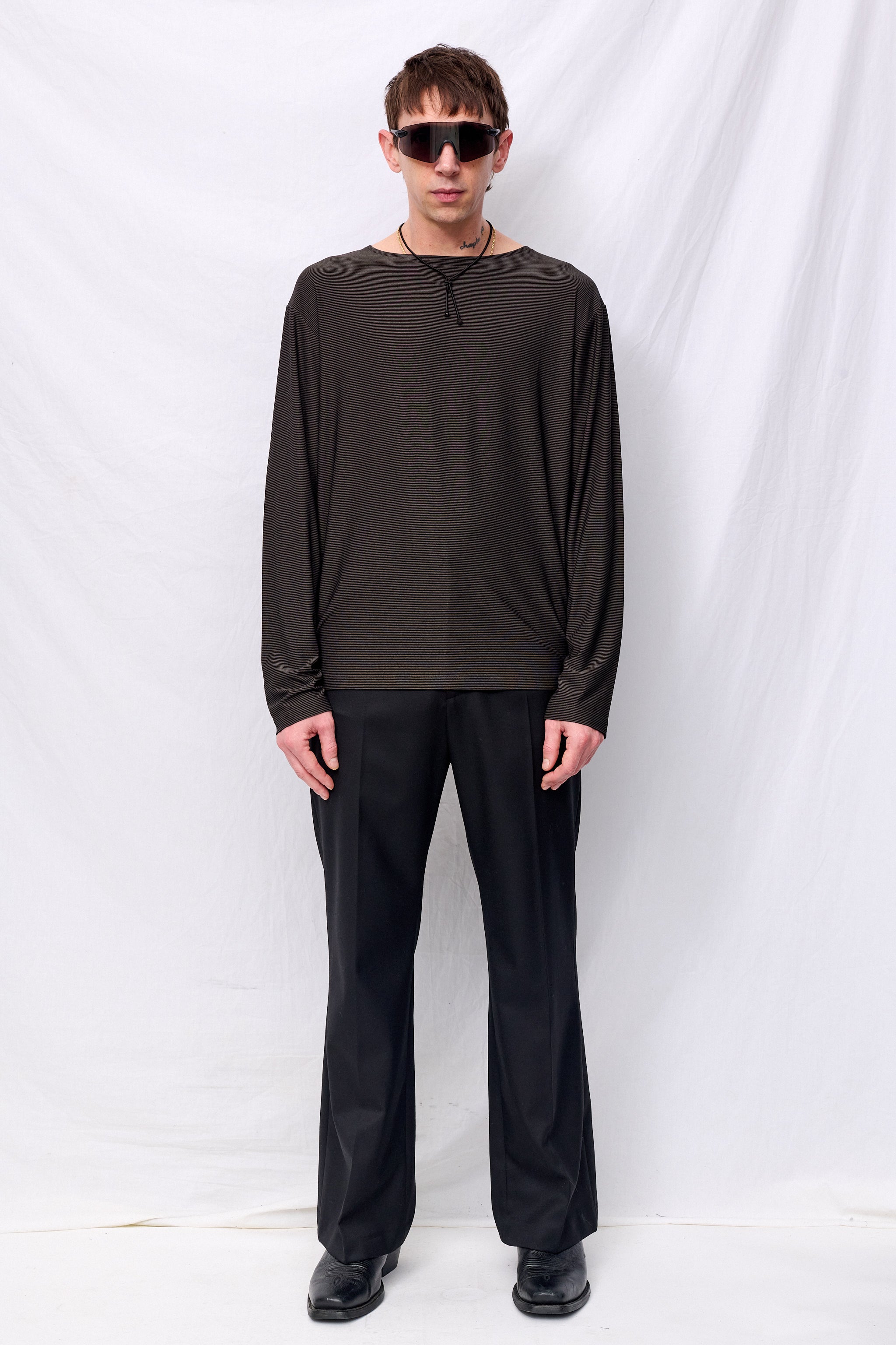 Grey Stripe Boat Neck Long Sleeve Top