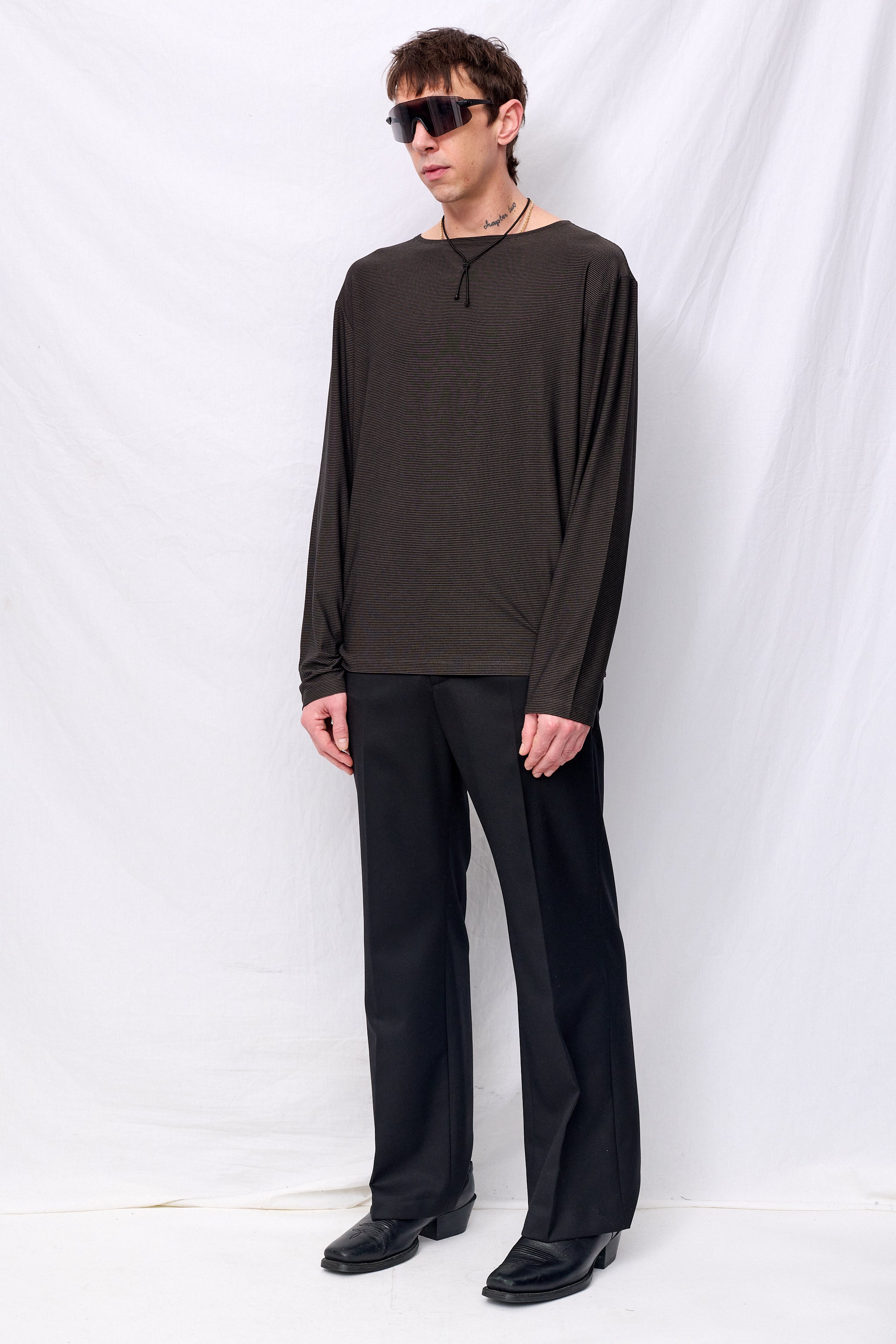 Grey Stripe Boat Neck Long Sleeve Top