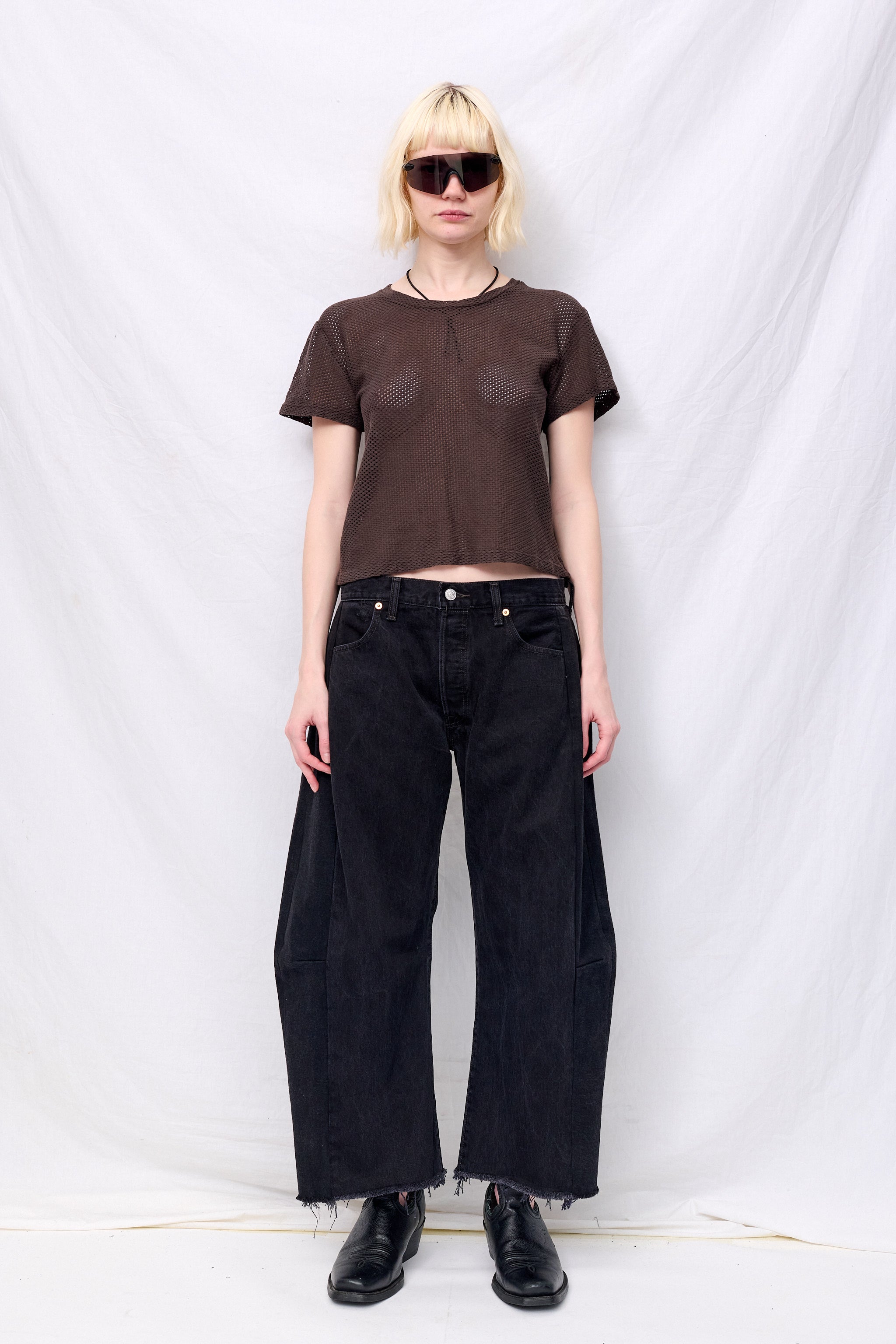 Coffee Bean Carmen Mesh Cropped Tee