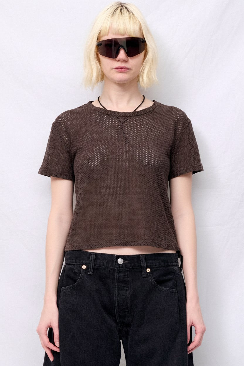 Coffee Bean Carmen Mesh Cropped Tee