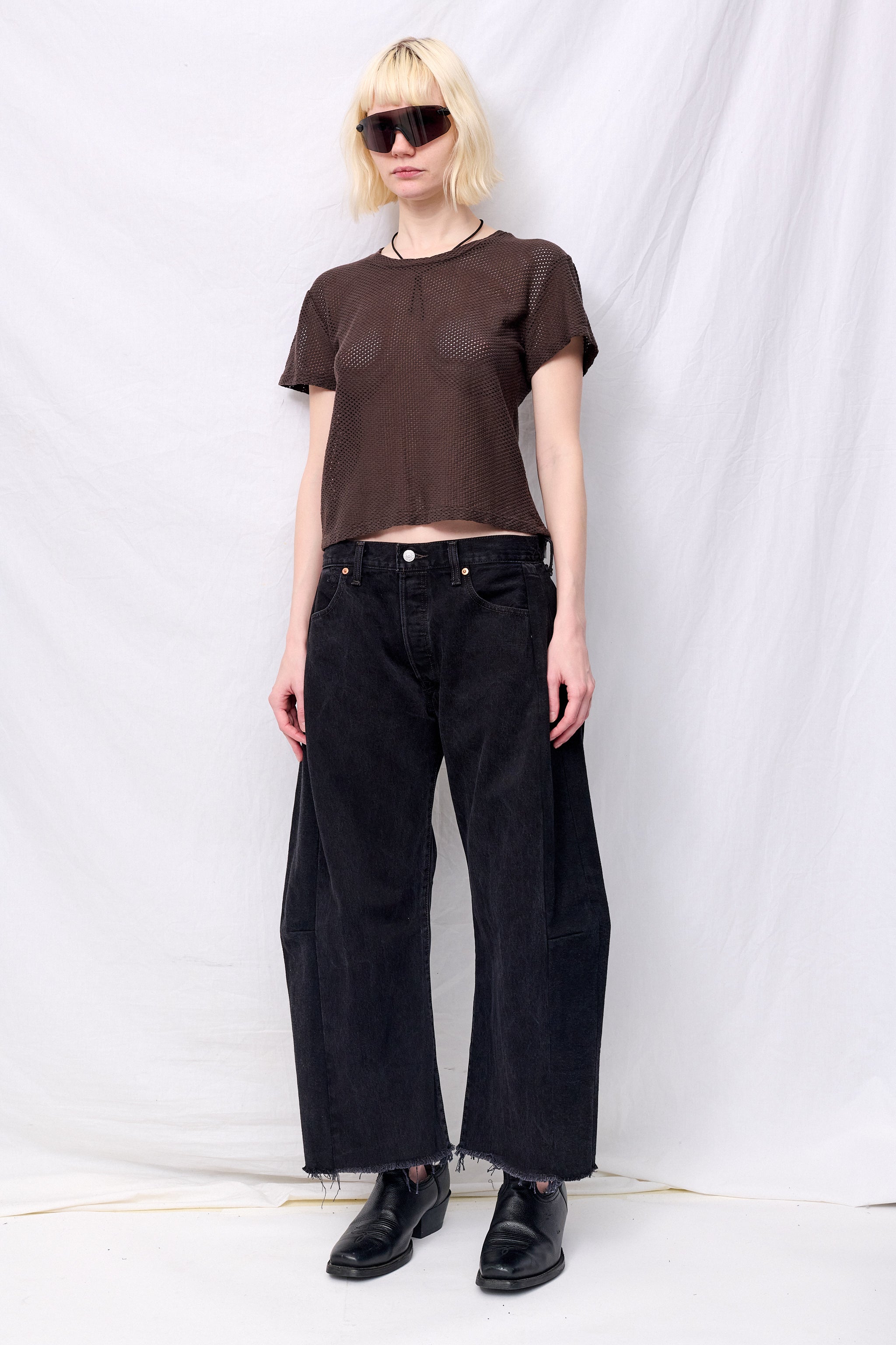 Coffee Bean Carmen Mesh Cropped Tee