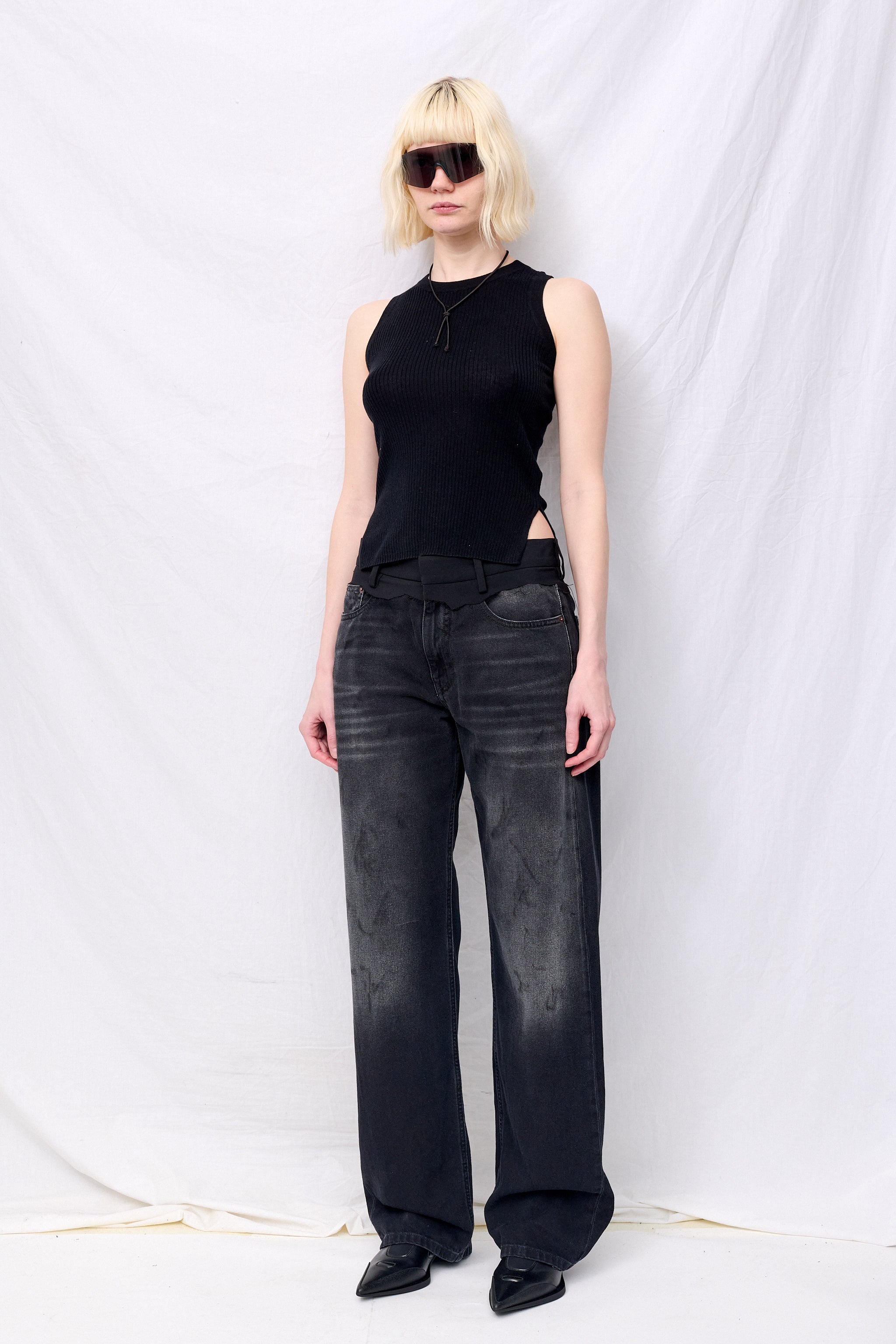 Black Silk Cashmere Ribbed Sleeveless Top